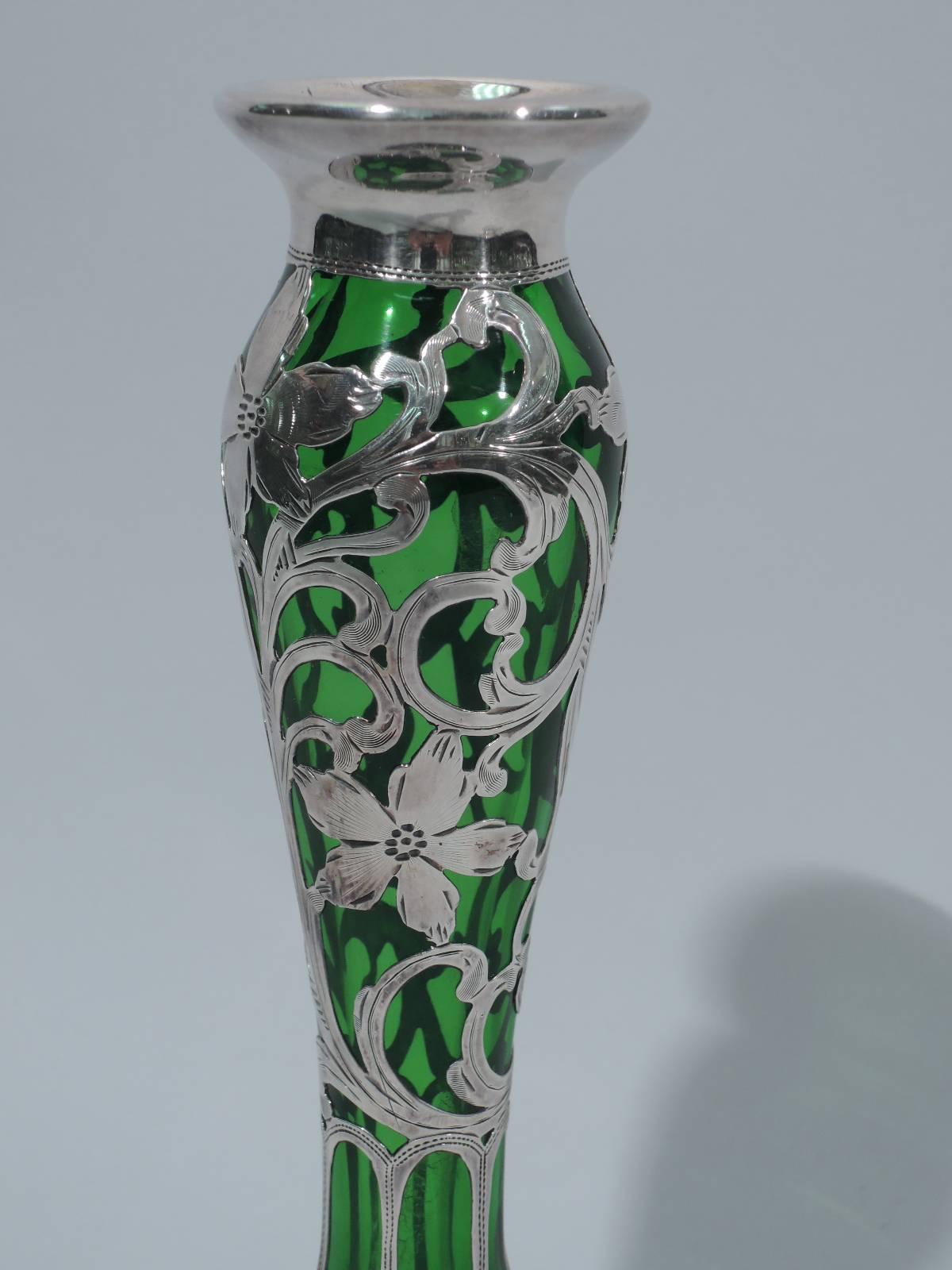 19th Century Alvin Art Nouveau Silver Overlay Emerald Glass Vase
