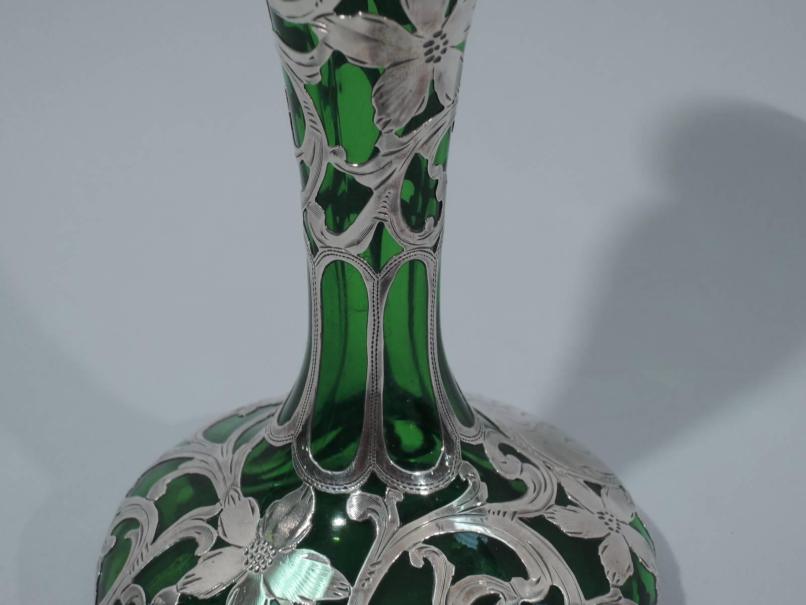 Alvin Art Nouveau Silver Overlay Emerald Glass Vase 1