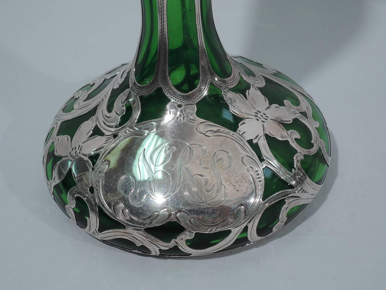 Alvin Art Nouveau Silver Overlay Emerald Glass Vase 2