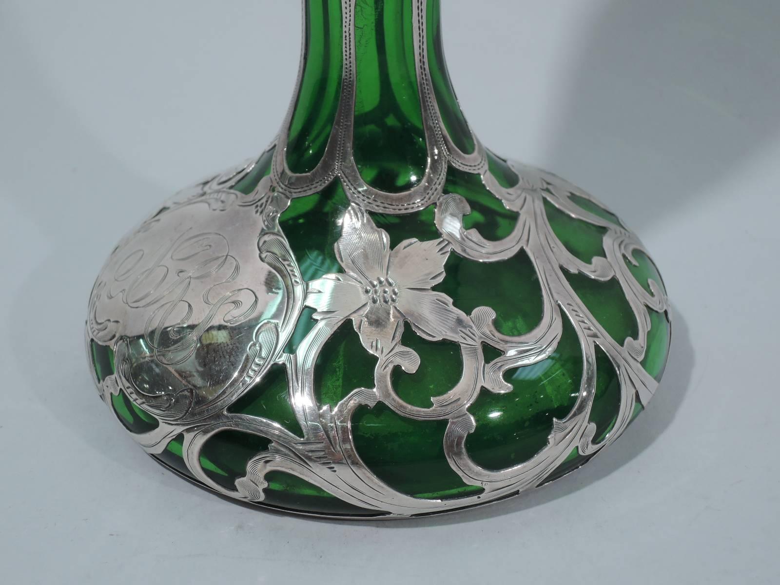 Alvin Art Nouveau Silver Overlay Emerald Glass Vase 3