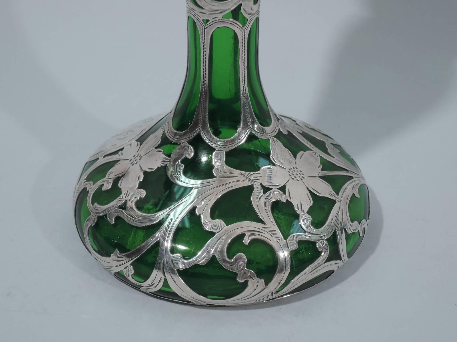 Alvin Art Nouveau Silver Overlay Emerald Glass Vase 4