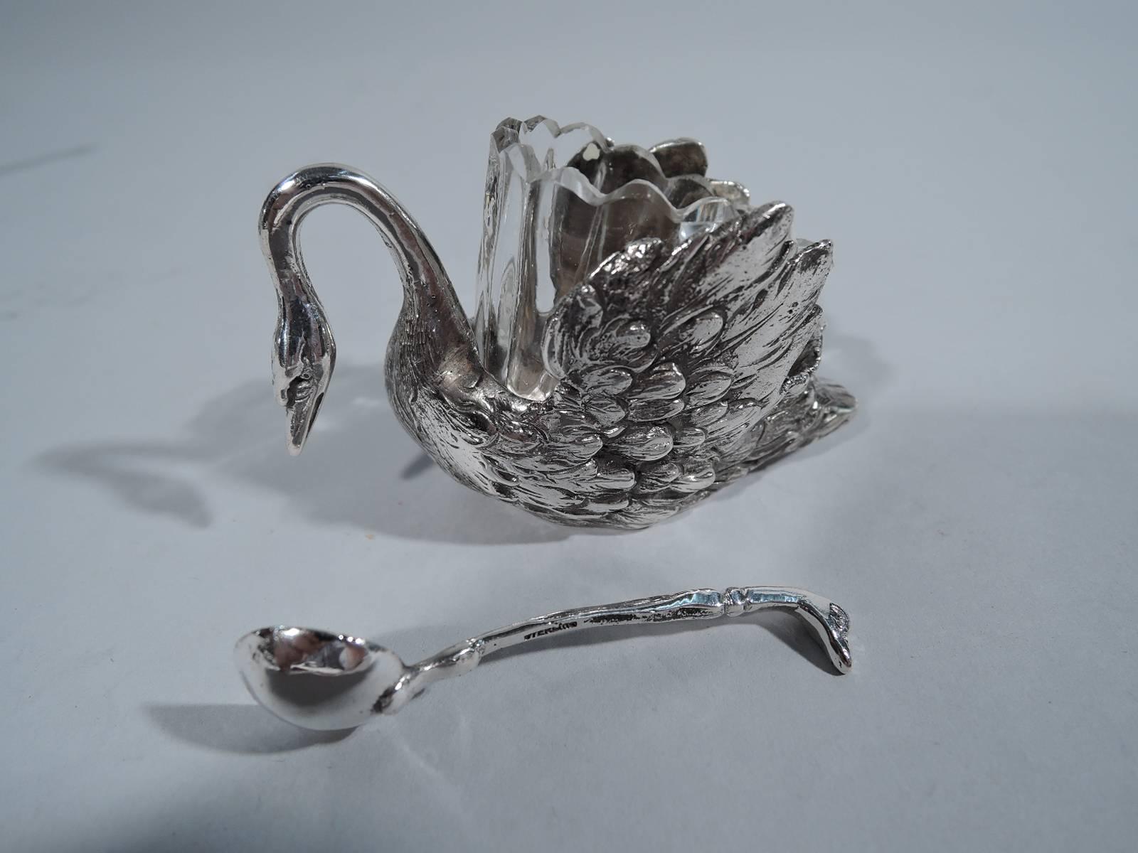 19th Century Set of Four Antique German Silver Swan Open Salts with Spoons