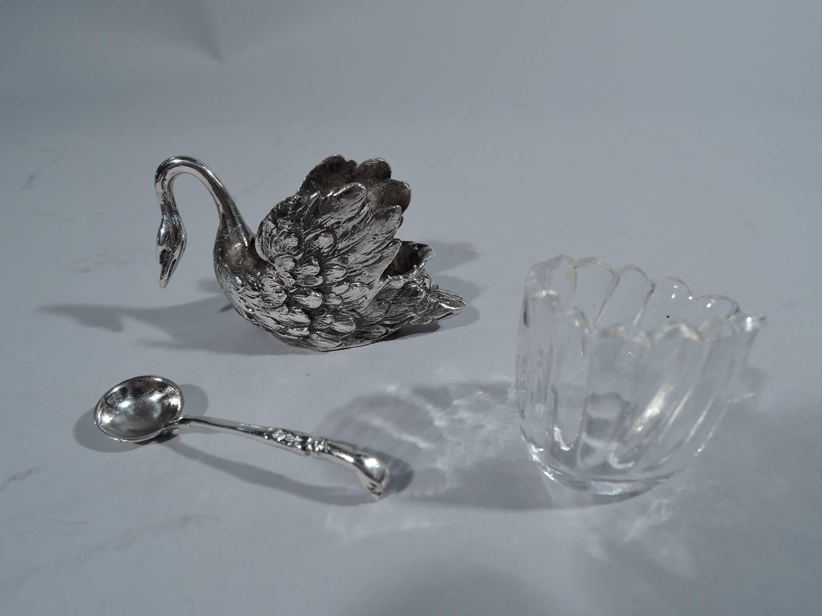 Set of Four Antique German Silver Swan Open Salts with Spoons 1