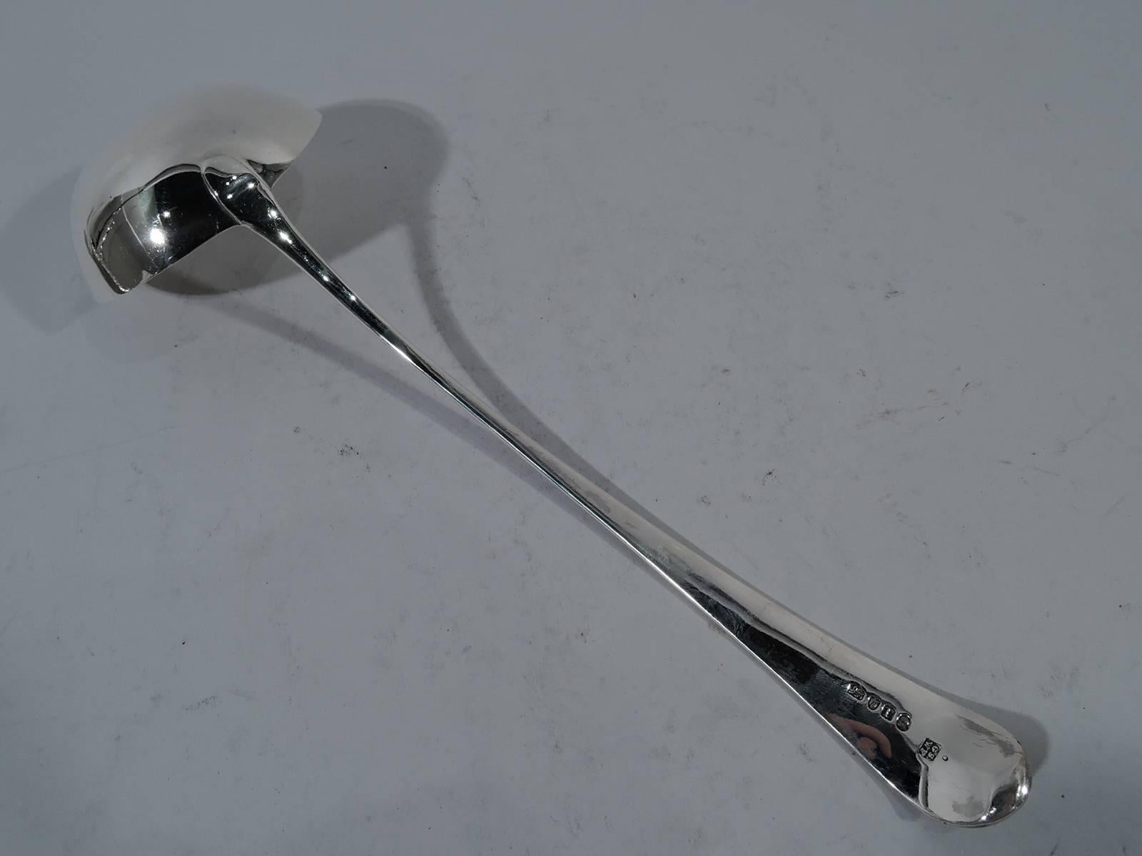 George III sterling silver soup ladle. Made by George Smith III and William Fearn in London in 1792. Tapering handle with deep round bowl. Armorial engraved on terminal. Hallmarked. Weight: 4.7 troy ounces.