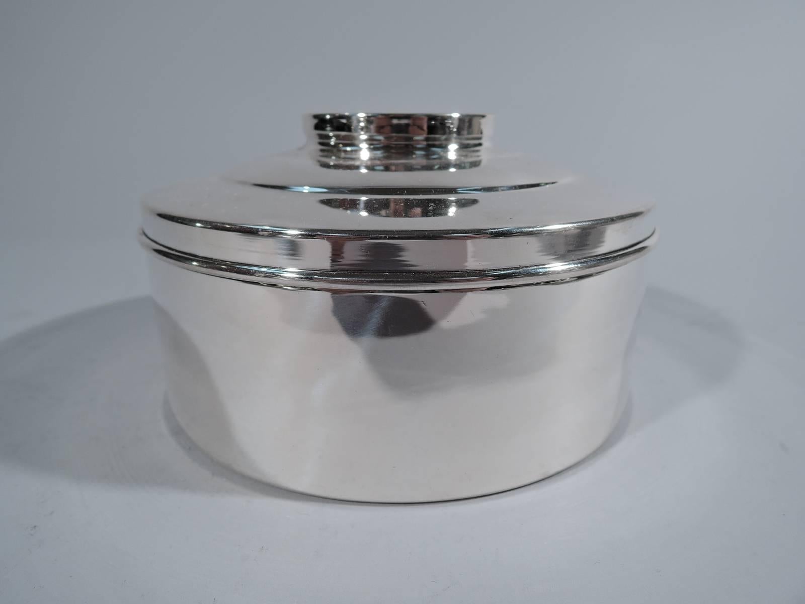 Charming sterling silver box. Round with straight sides. Cover stepped and inset with silver medal commemorating the marriage of Napoleon I to Marie Louise. On obverse are jugate busts of the emperor and his young bride. On reverse is a classical