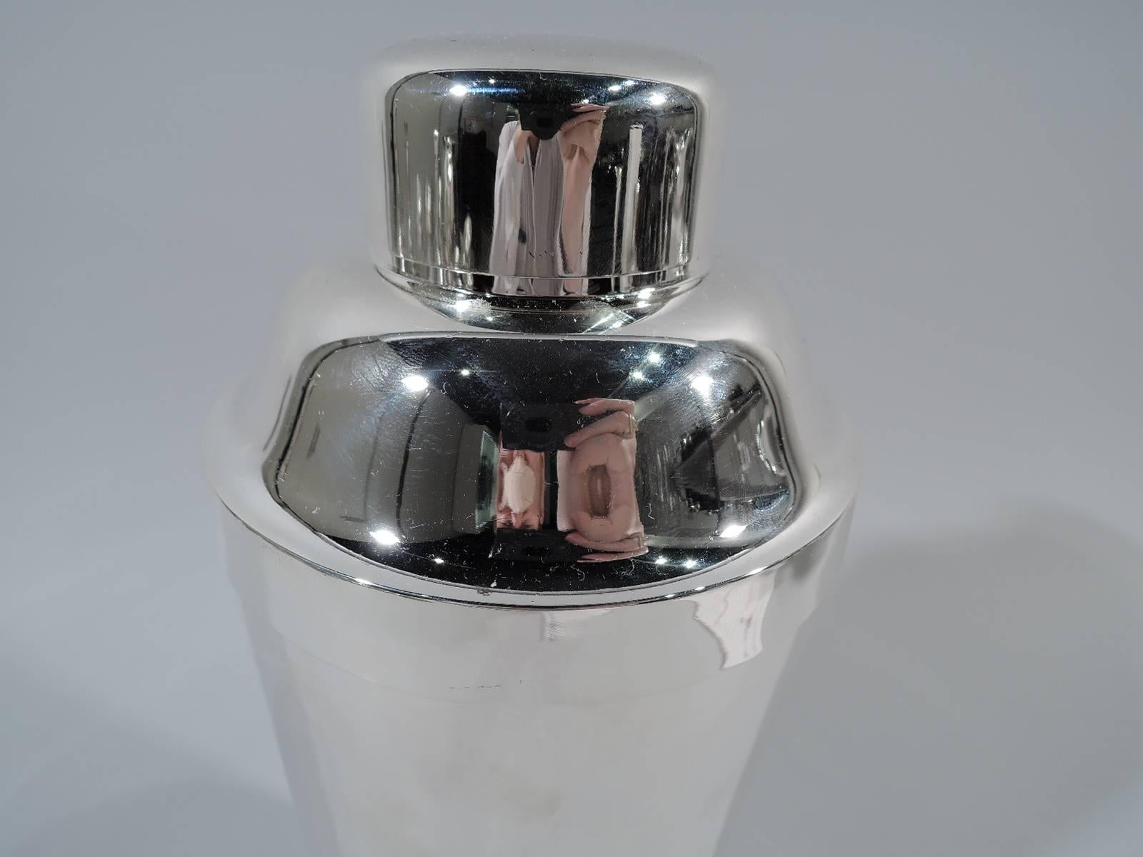 Prohibition-era sterling silver cocktail Shaker. Made by S Kirk & Son Inc. in Baltimore. Tapering sides and dome cover with short neck, built-in strainer, and snug-fitting cap. A party-size piece from the naughty years. Hallmark (1925-32) with no.