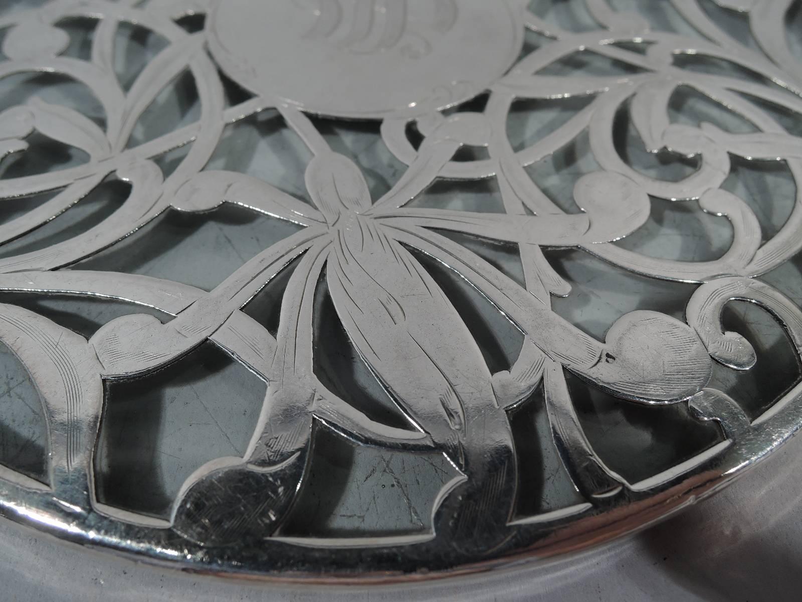 American Art Nouveau Trivet with Abstract Floral Silver Overlay In Good Condition In New York, NY