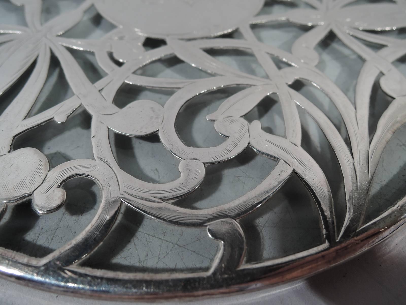 20th Century American Art Nouveau Trivet with Abstract Floral Silver Overlay