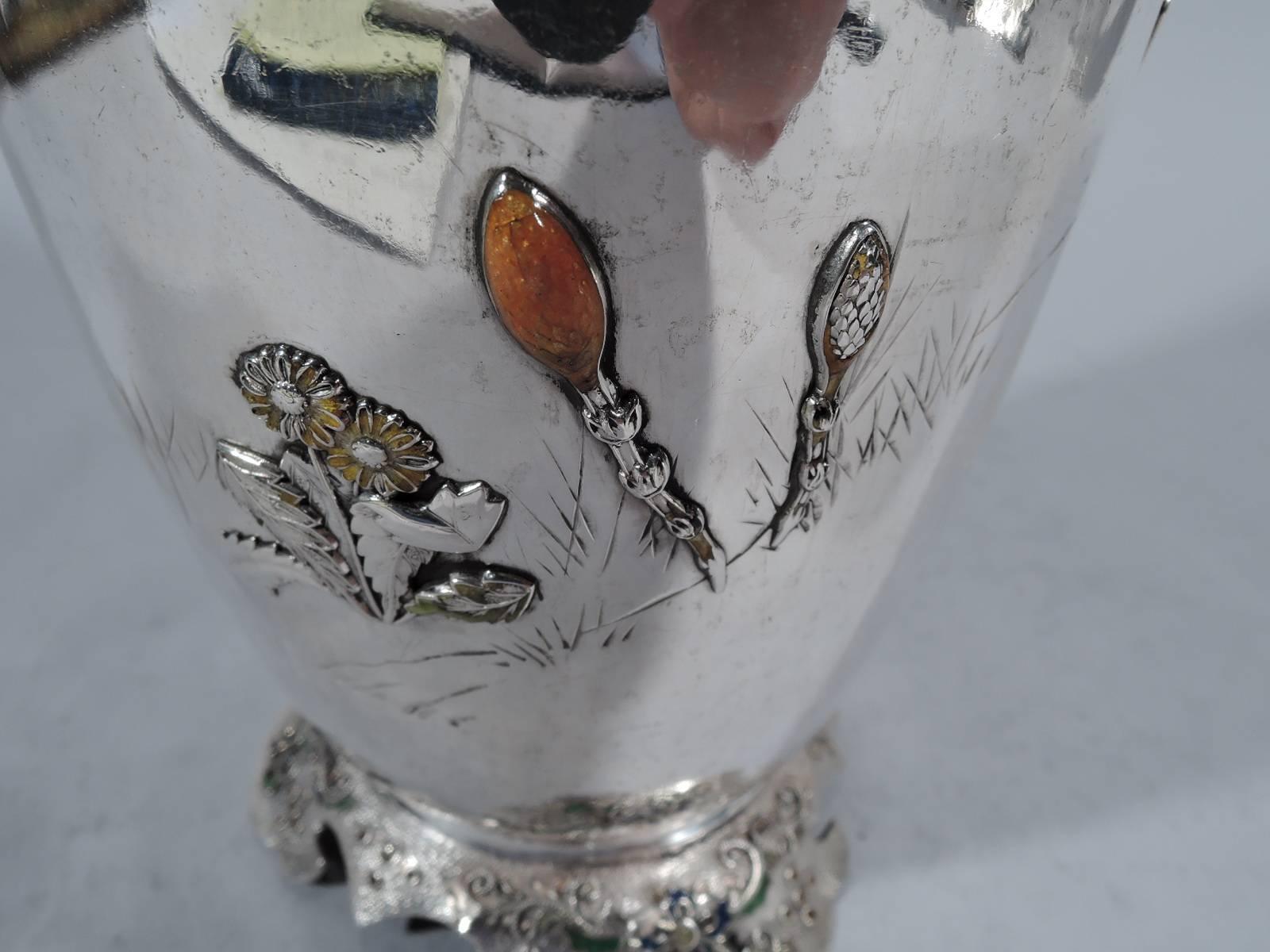 Antique Japanese Meiji Silver and Enamel Wisteria Vase 2