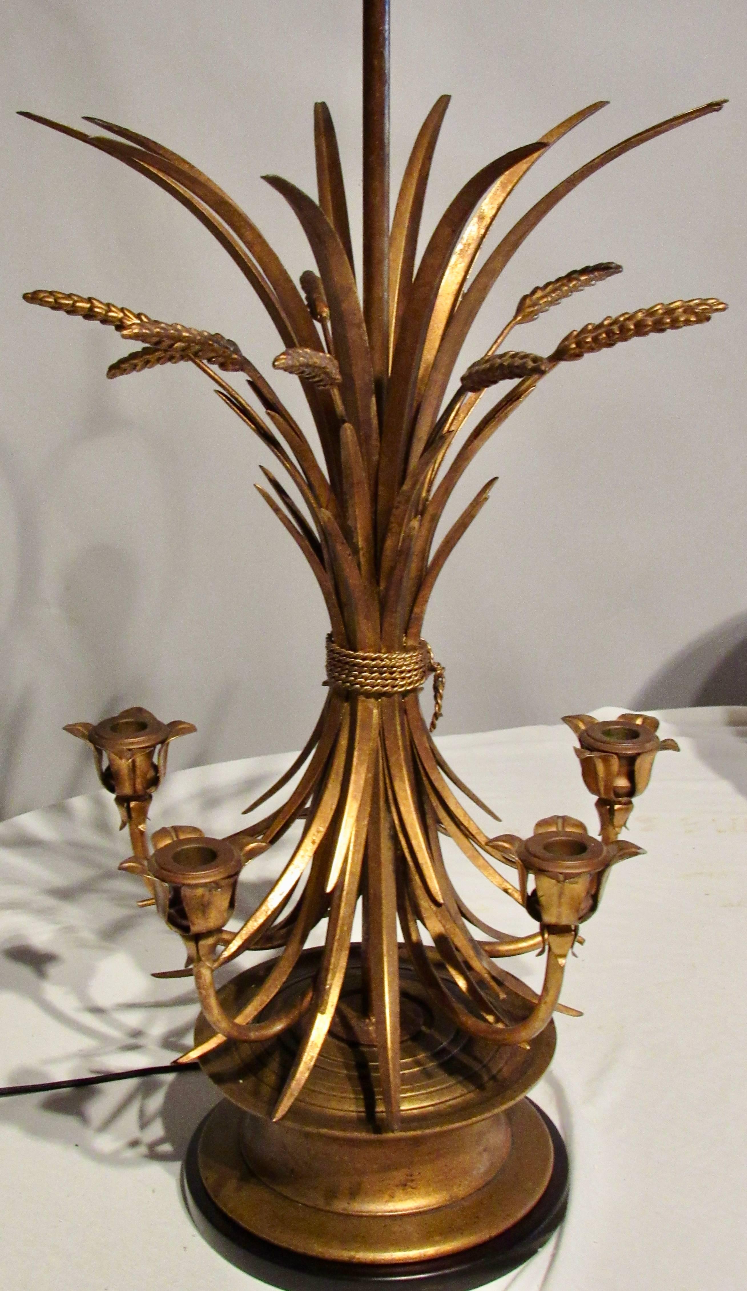Mid-Century Modern Neoclassic Gilt Sheaf of Wheat Candelabra Table Lamp Frederick Cooper For Sale