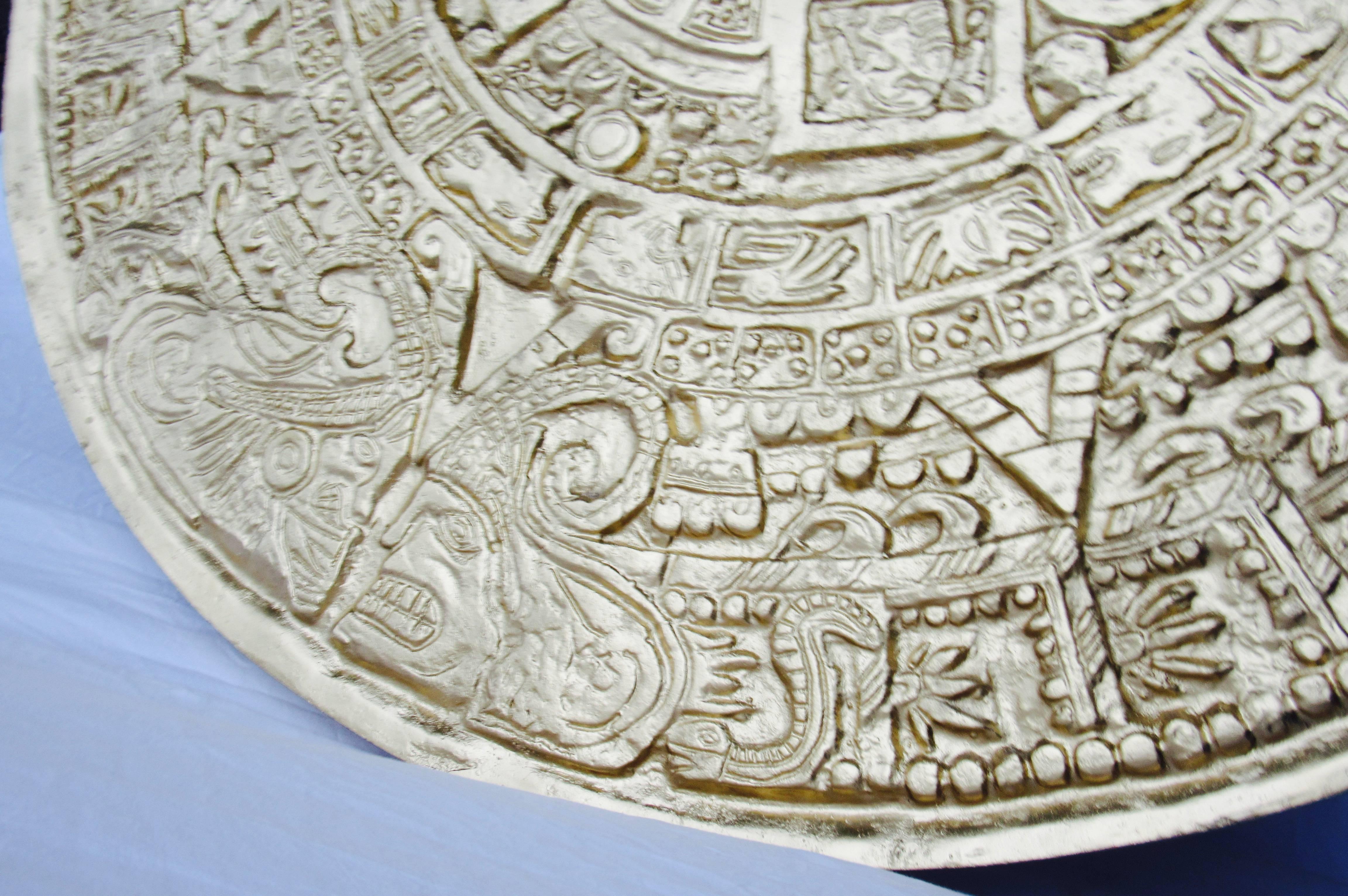 Pre-Columbian Gilt Bas- Relief Aztec Calendar Coffee Table Cast Aluminium, Mexican, 1960s For Sale