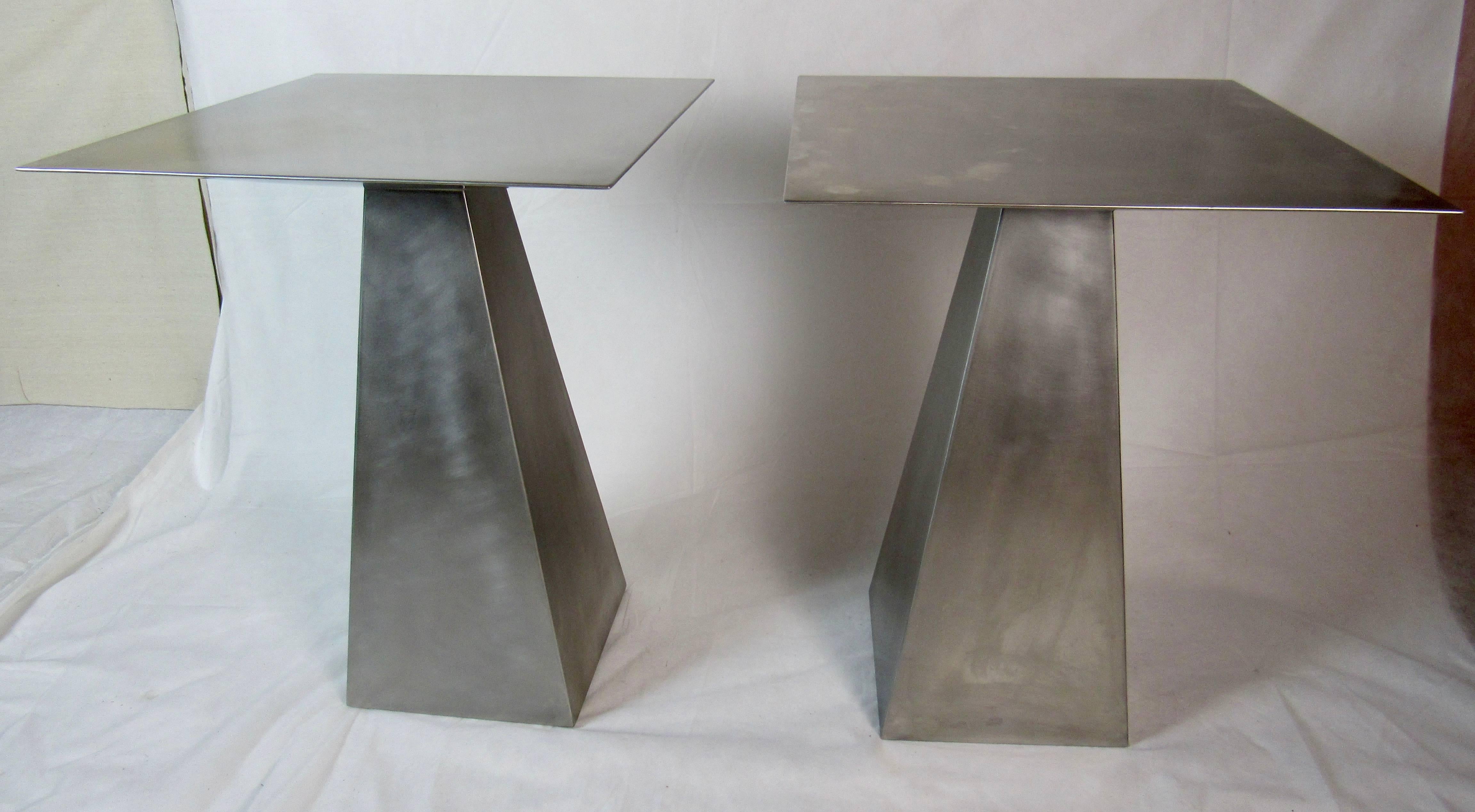 Minimalist Pair of Harvey Probber Style Brushed Stainless Steel End Tables, circa 1990