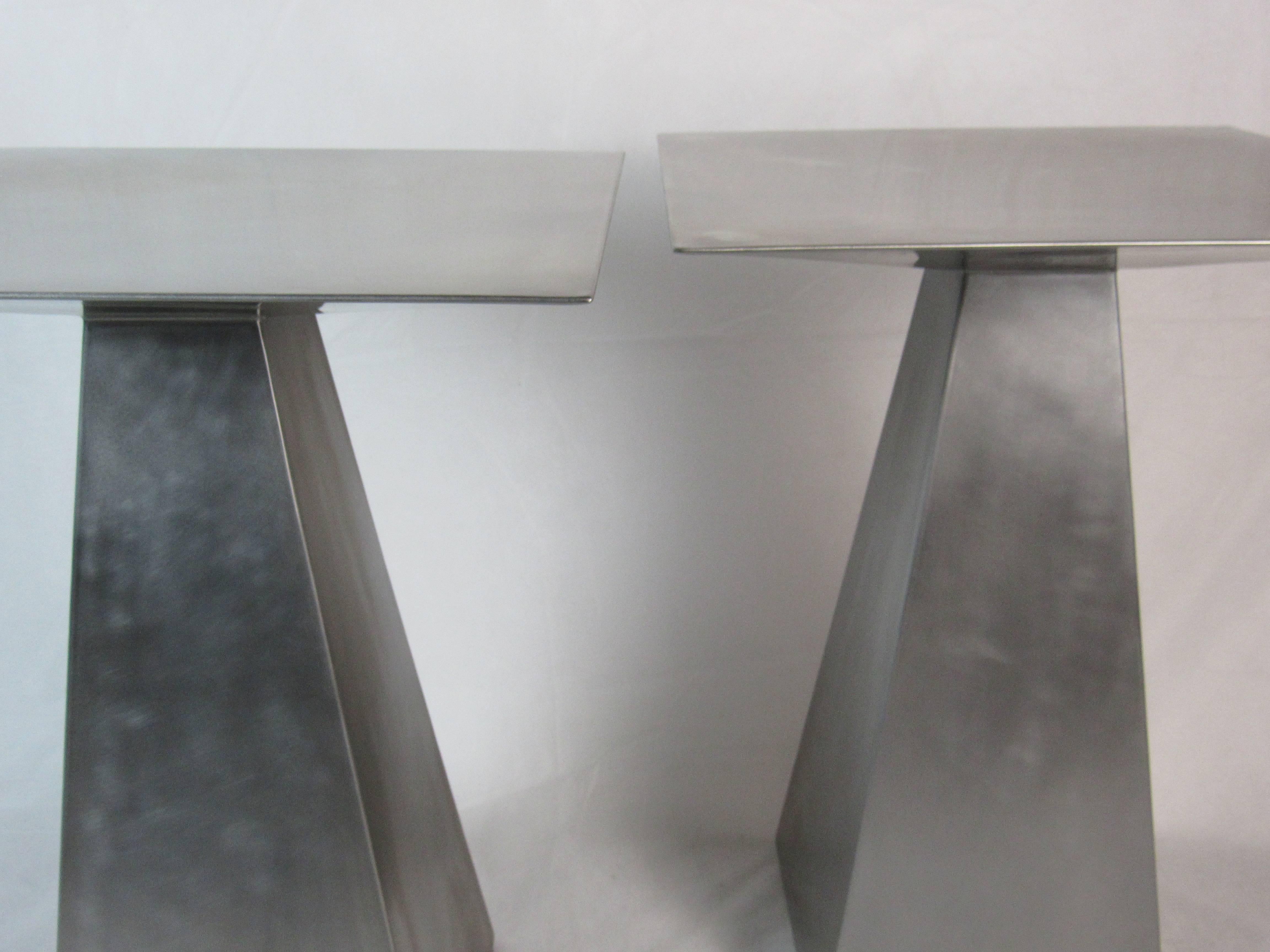 Pair of Harvey Probber Style Brushed Stainless Steel End Tables, circa 1990 In Good Condition In Camden, ME