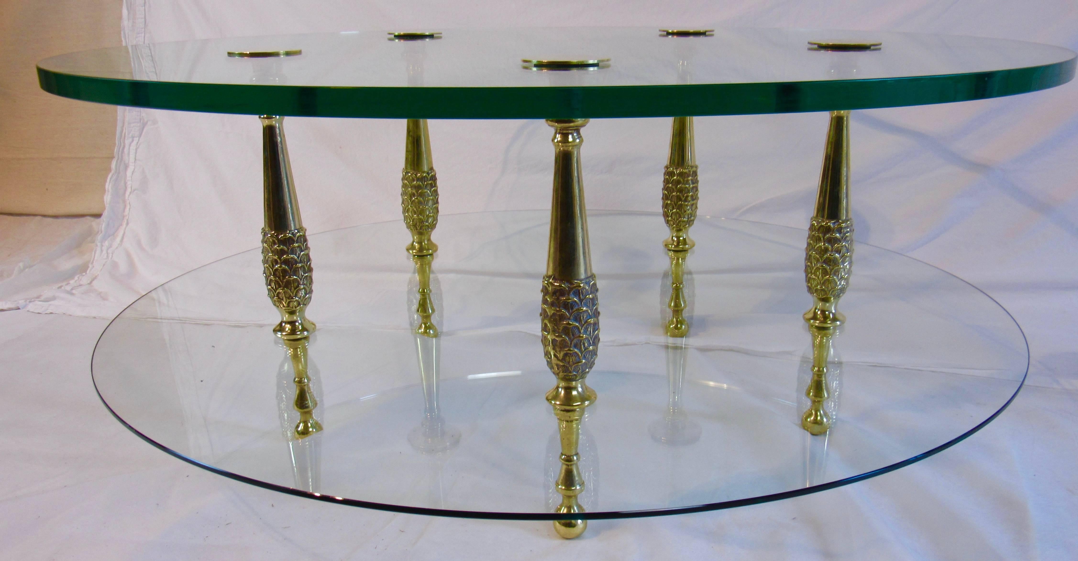Cast Neoclassical Italian 1950s Circular Polished Bronze and Glass Cocktail Table For Sale