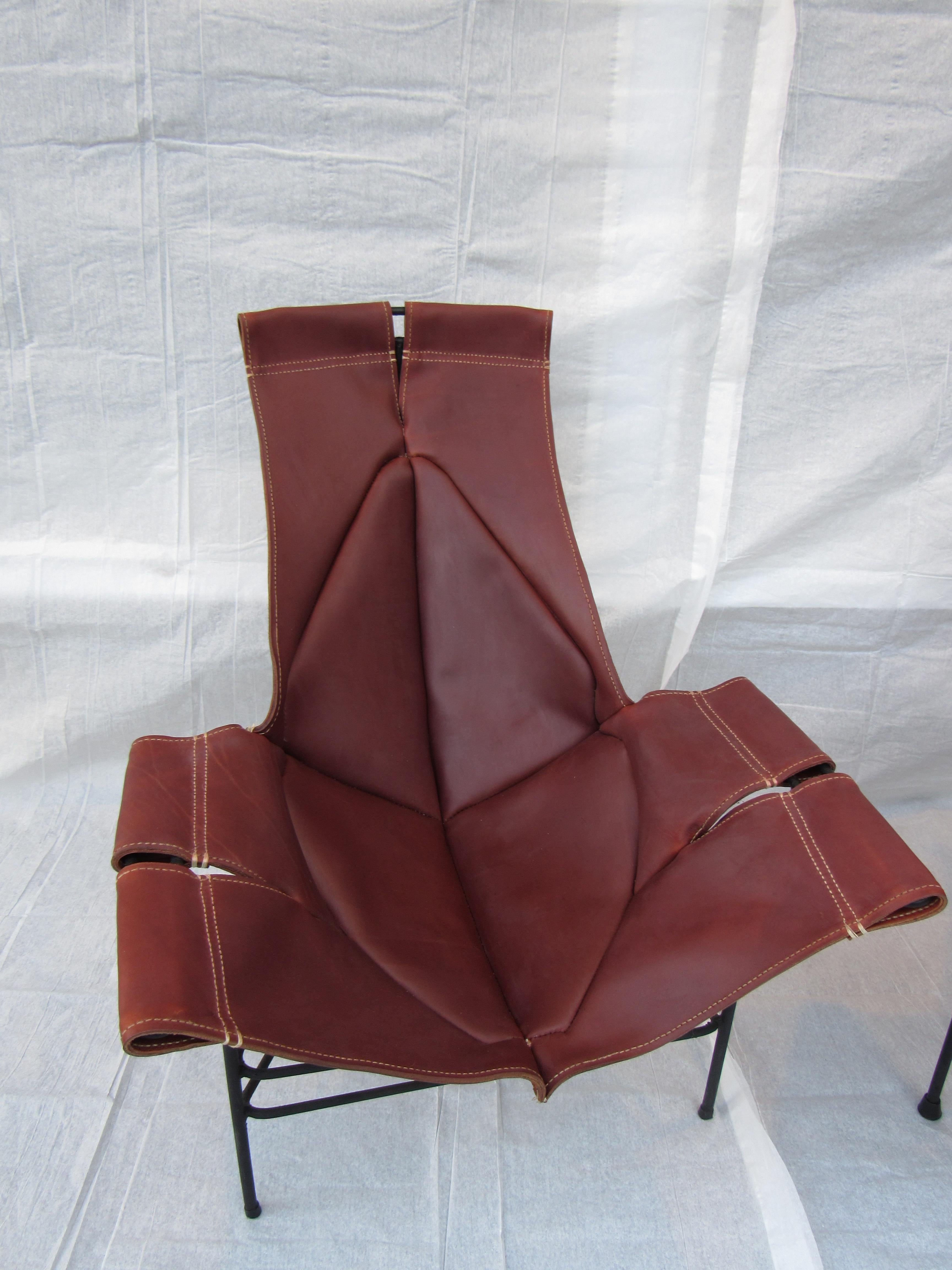 American Wrought Iron Jerry Johnson Leather Sling Lounge Chair (3) Leathercraft 1954 For Sale