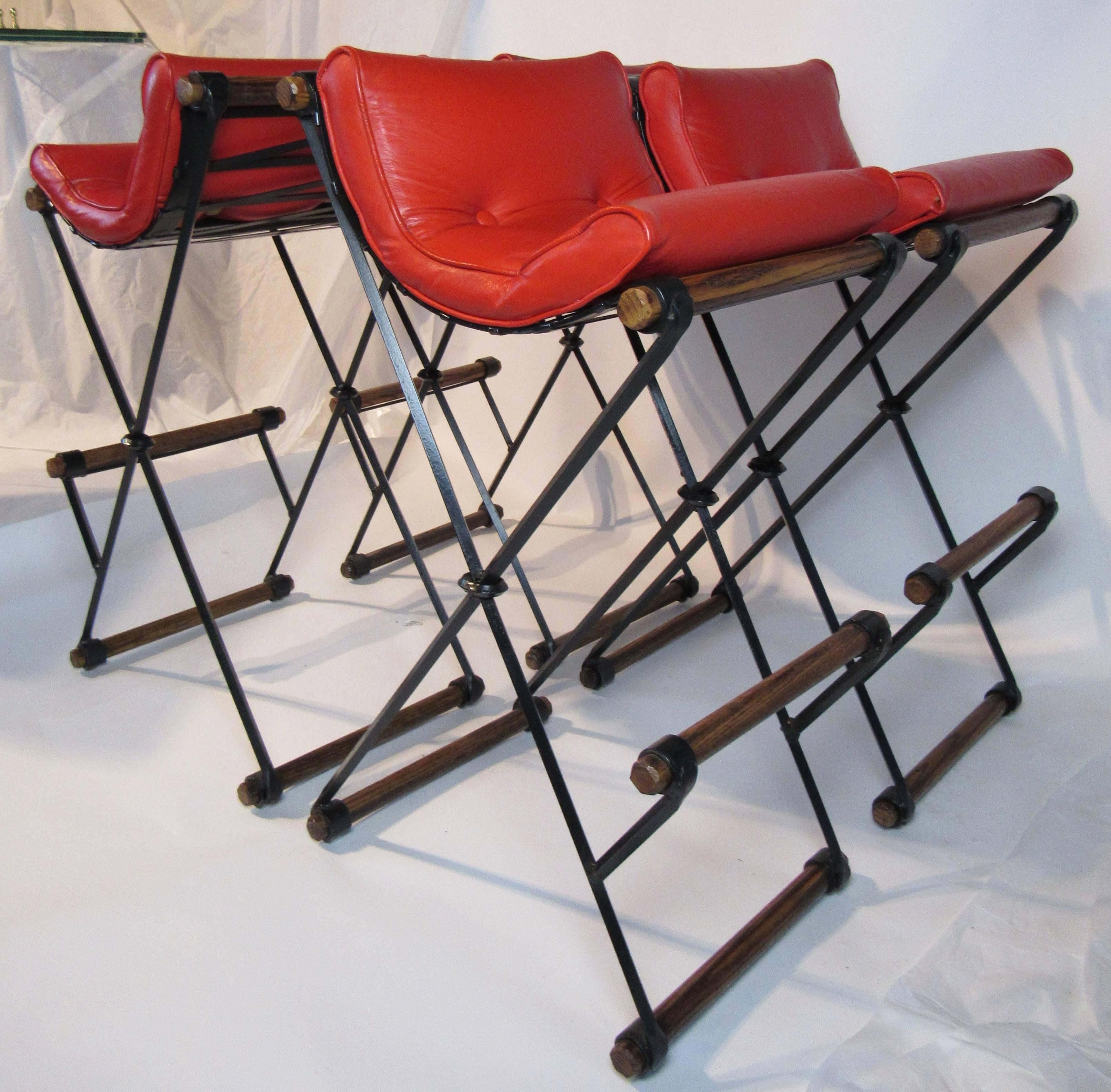 Mid-Century Modern Four Cleo Baldon Wrought Iron and Oak Bar Stools Vintage Tomato Red Cushions