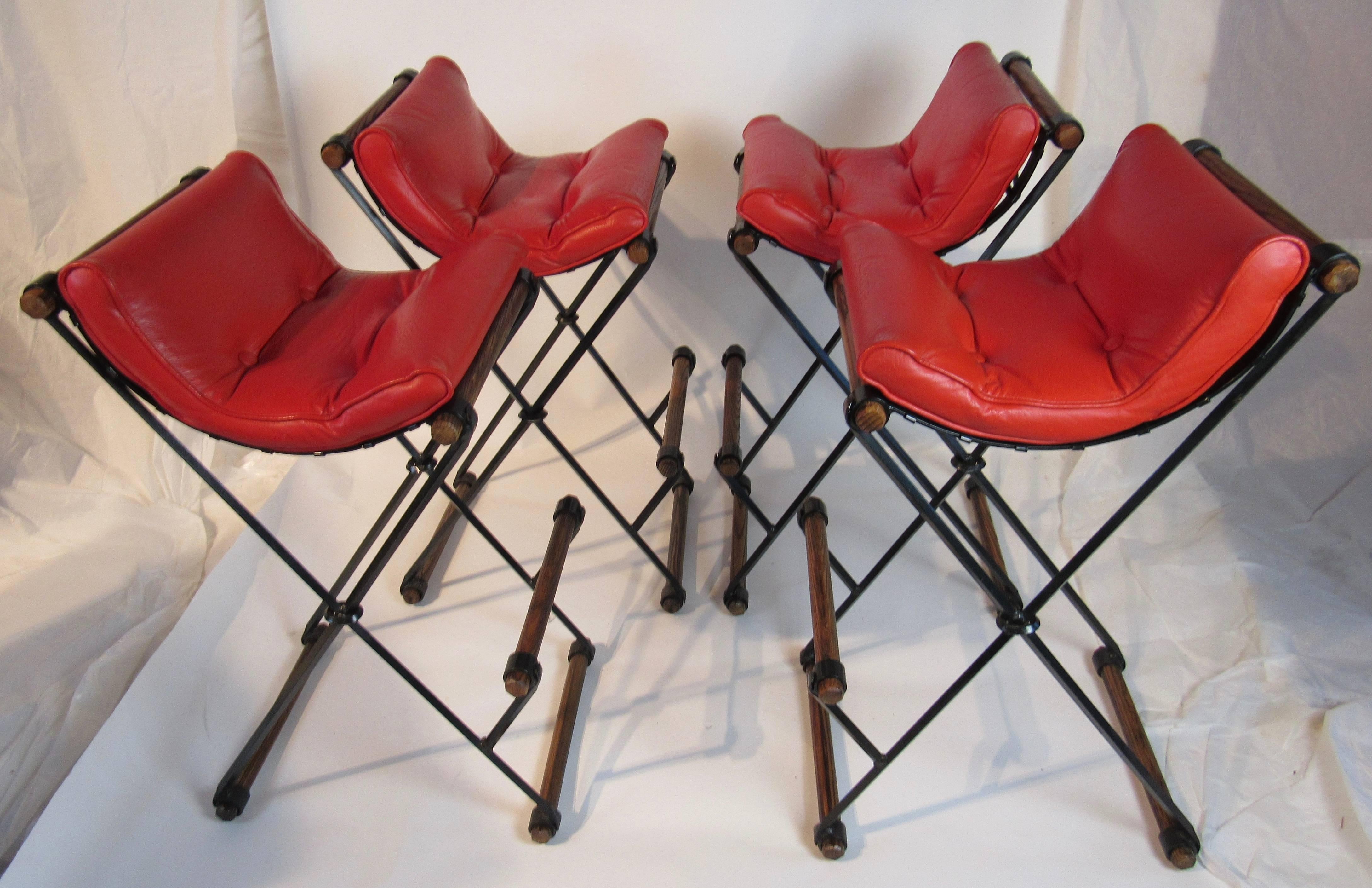 American Four Cleo Baldon Wrought Iron and Oak Bar Stools Vintage Tomato Red Cushions