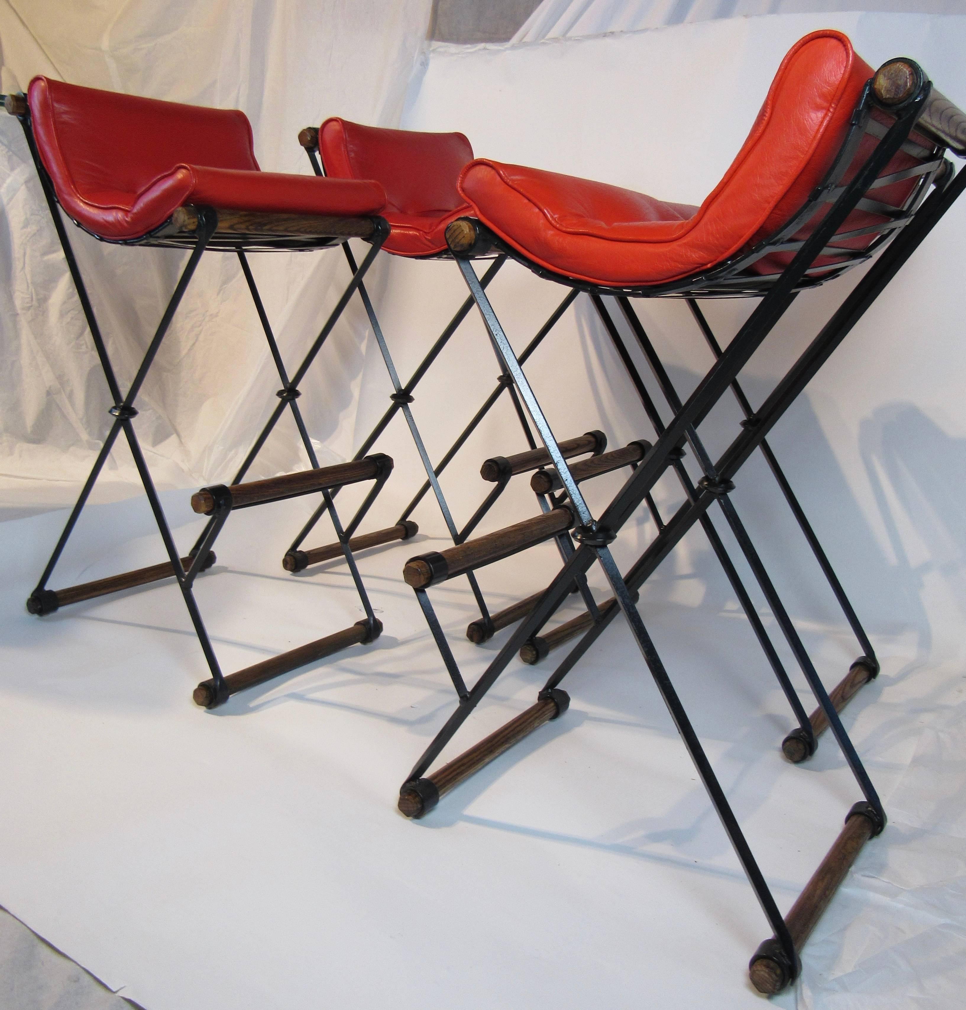 Four Cleo Baldon Wrought Iron and Oak Bar Stools Vintage Tomato Red Cushions In Good Condition In Camden, ME