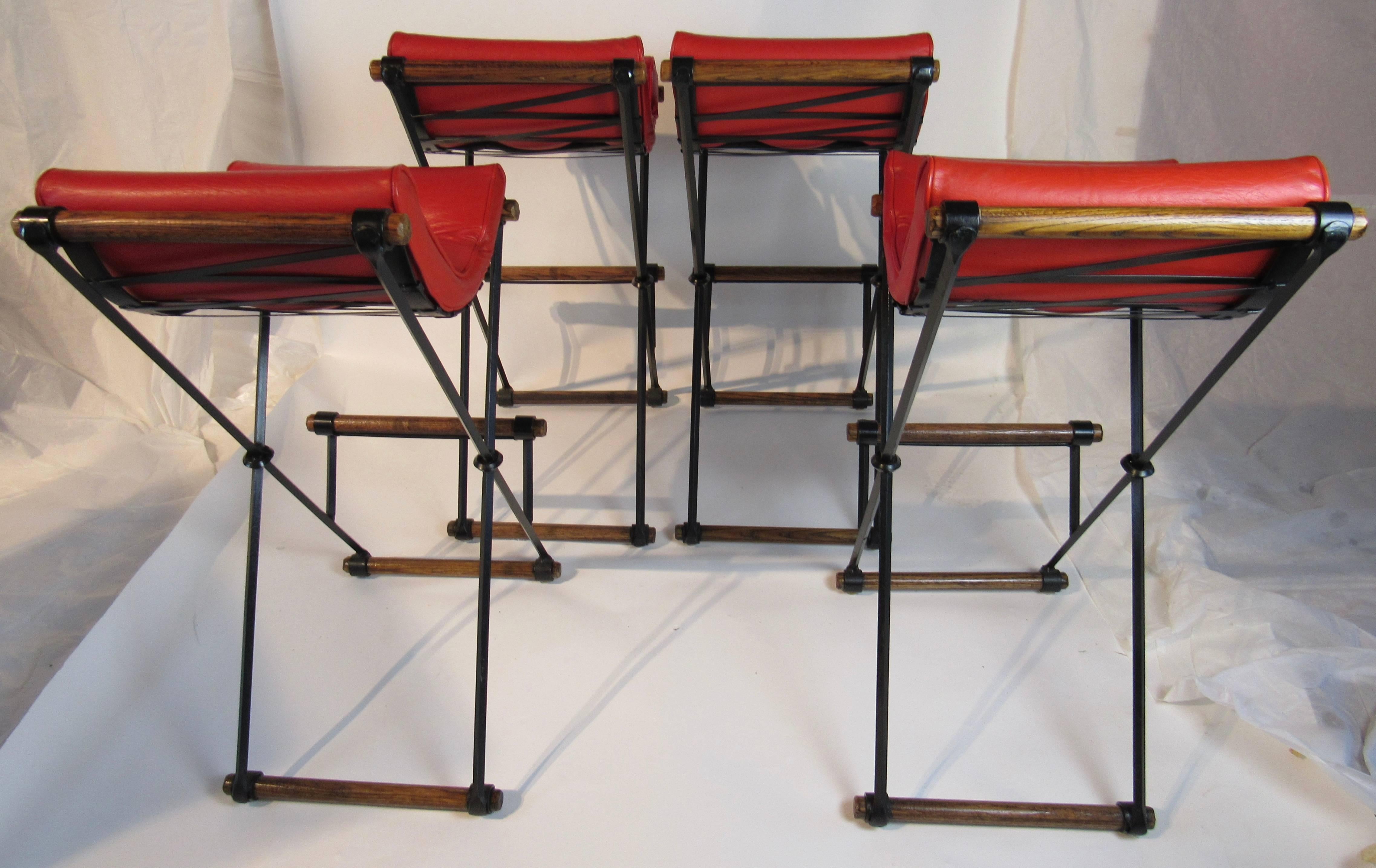 Mid-20th Century Four Cleo Baldon Wrought Iron and Oak Bar Stools Vintage Tomato Red Cushions