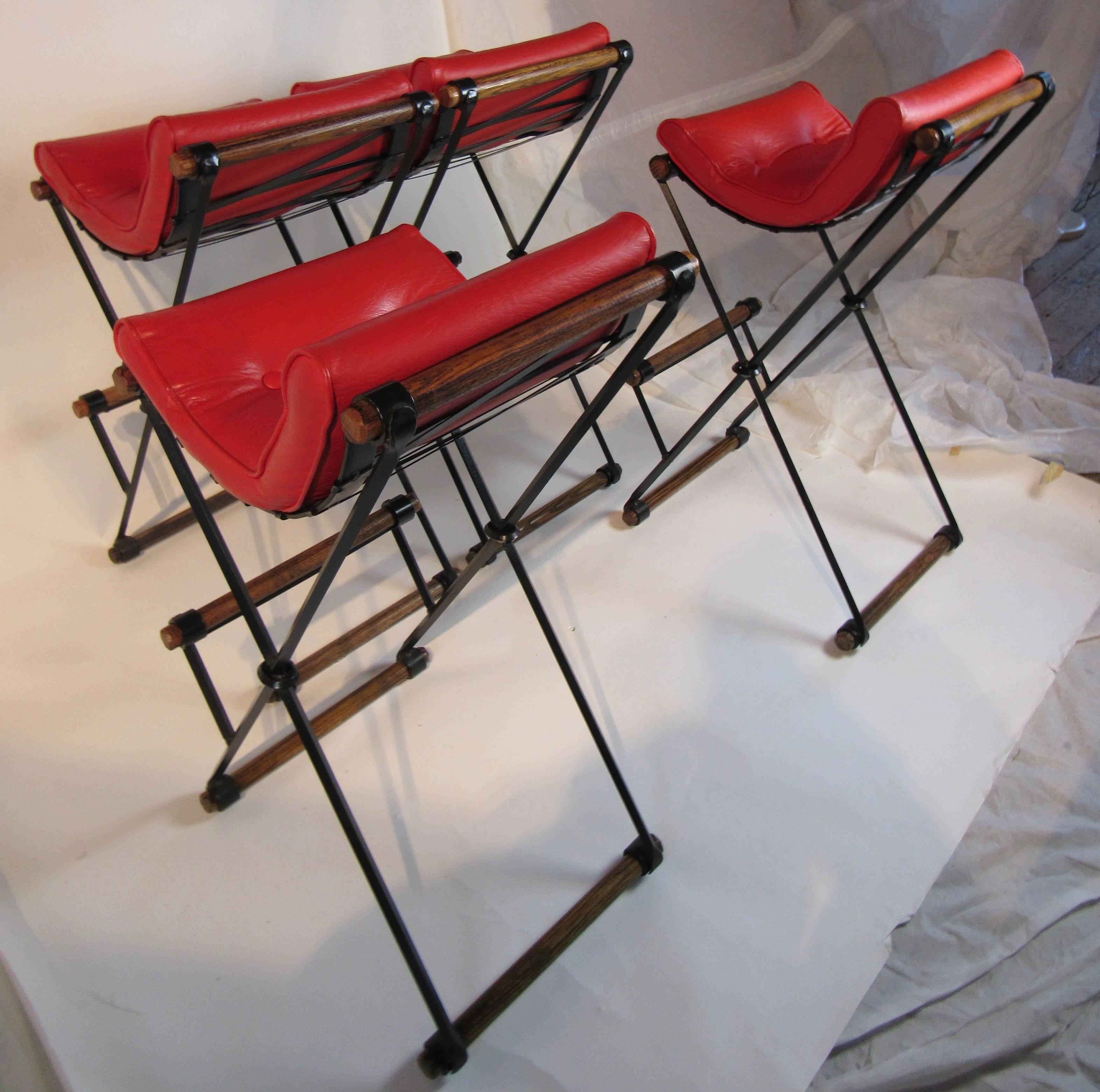 Four Cleo Baldon Wrought Iron and Oak Bar Stools Vintage Tomato Red Cushions 1