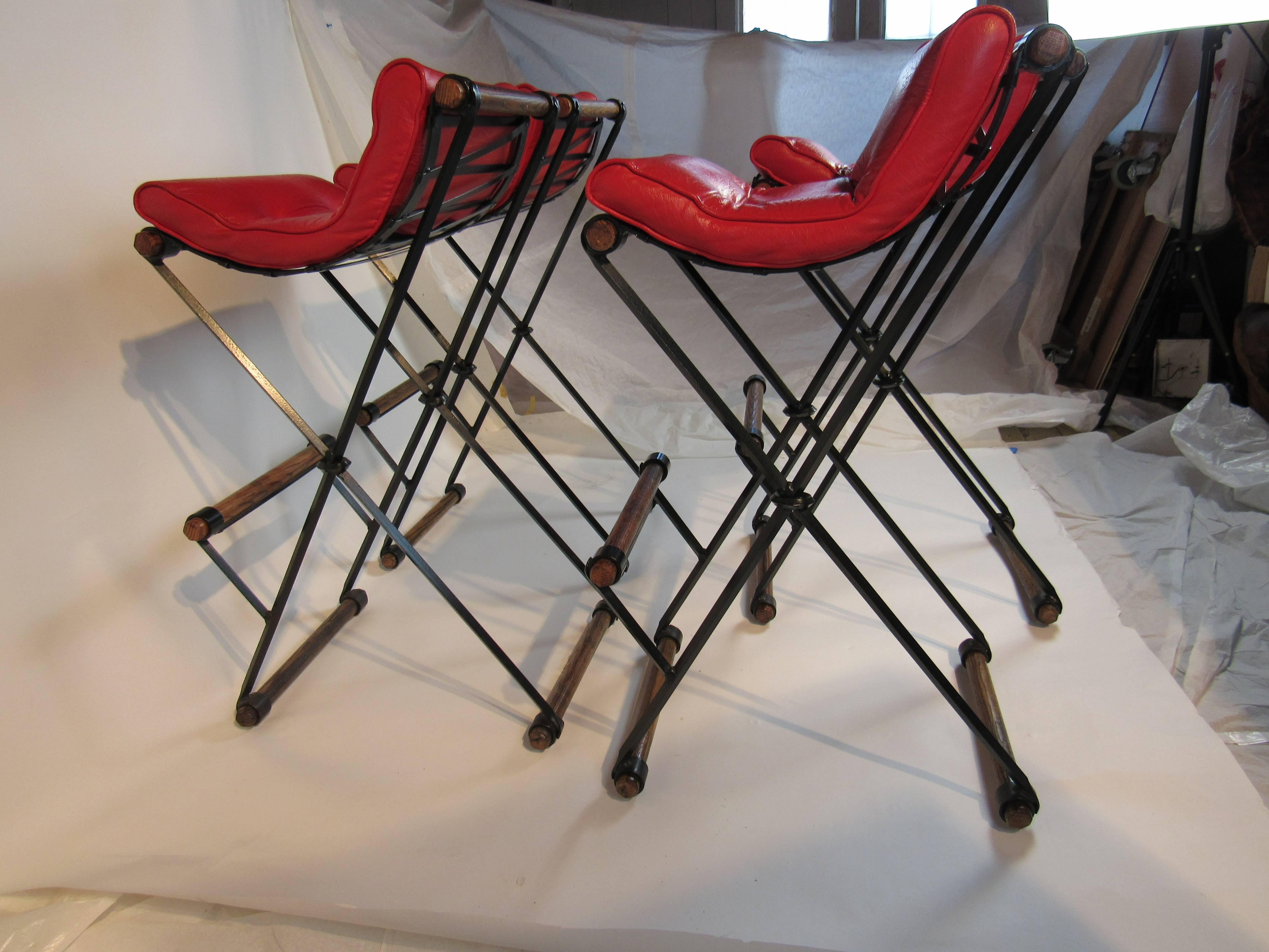 Four Cleo Baldon Wrought Iron and Oak Bar Stools Vintage Tomato Red Cushions 3