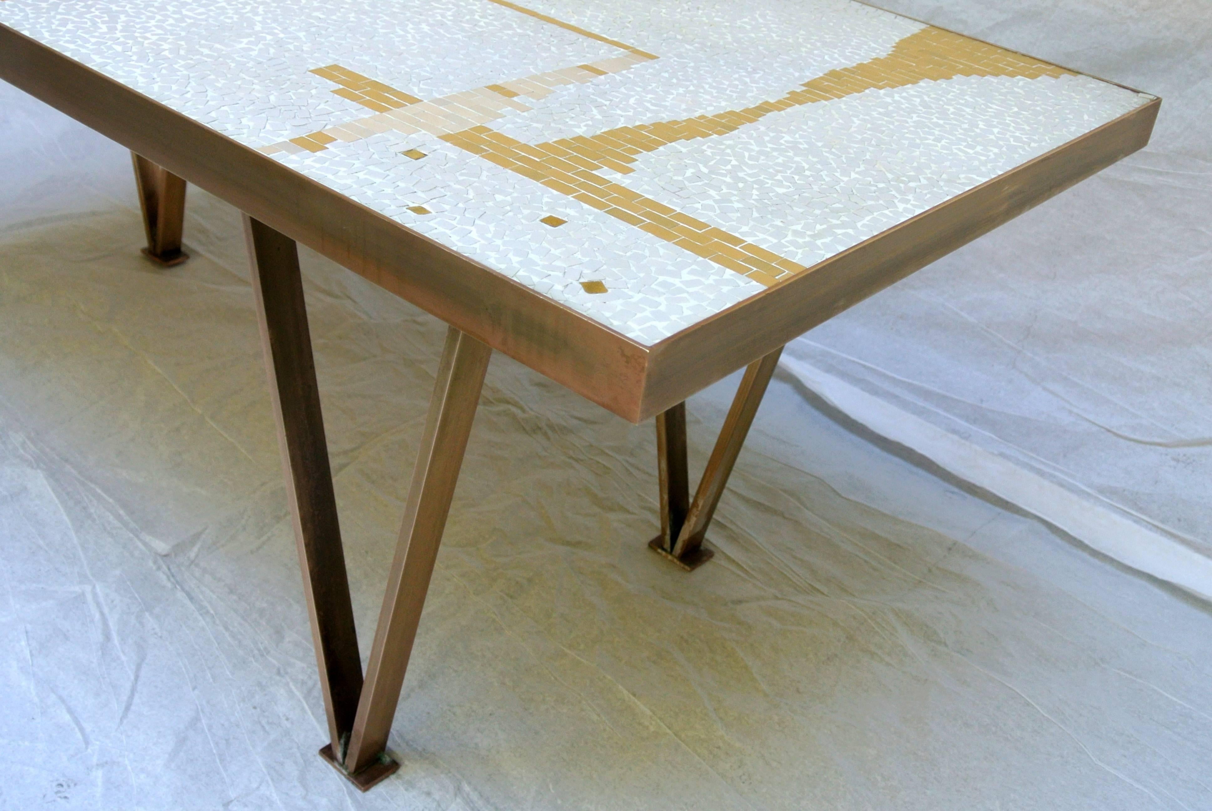 Mosaic tile coffee table handcrafted with Bronze Frame  1950's California Studio In Good Condition For Sale In Camden, ME