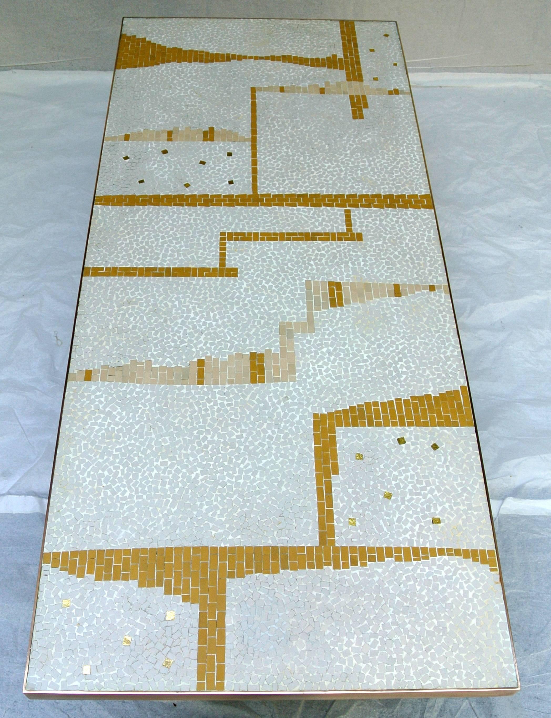 Mid-Century Modern Mosaic tile coffee table handcrafted with Bronze Frame  1950's California Studio For Sale