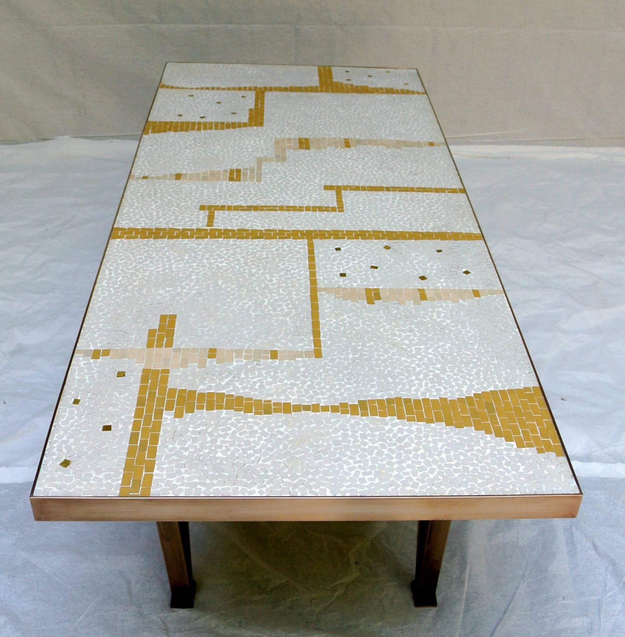 American Mosaic tile coffee table handcrafted with Bronze Frame  1950's California Studio For Sale