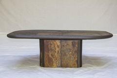 Table basse de style Paul Kingma en ardoise et bronze signée V. Ramburrem, vers 1985