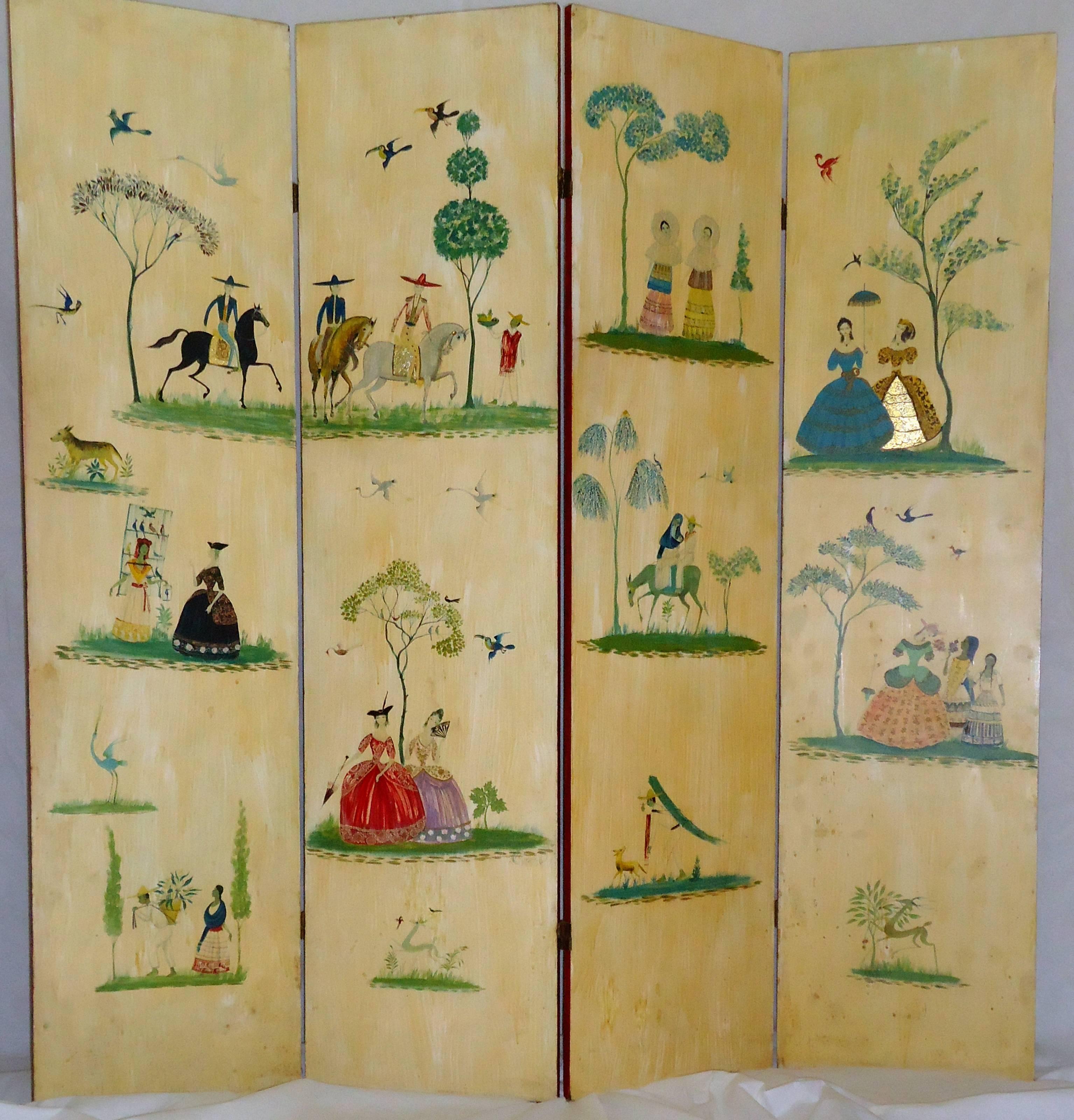 Salvador Corona painted four-panel wooden floor screen created in his studio in Mexico circa 1938.

This rare hand crafted multi medium room divider was the property of the daughter of one of Mexico's wealthiest families of the period, who married