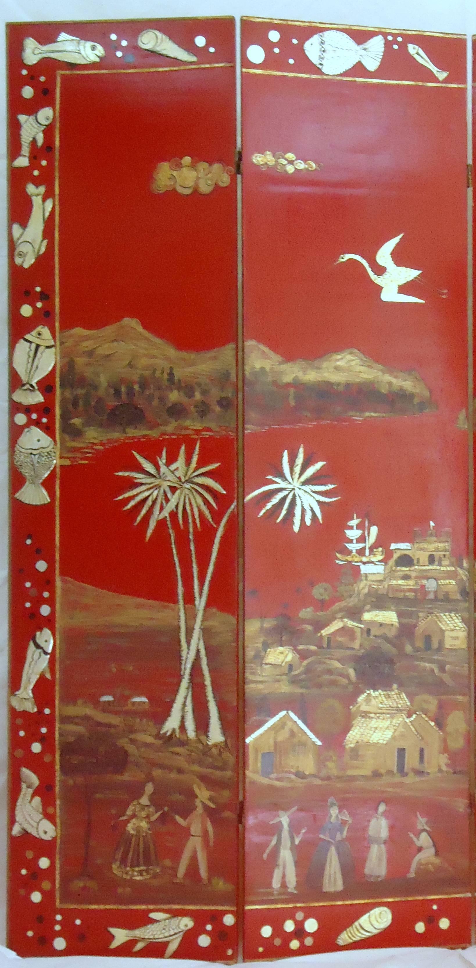 Rancho Monterey Salvador Corona Folding 4 Panel Floor Screen of  Patzcuaro, Acapulco circa 1938 For Sale