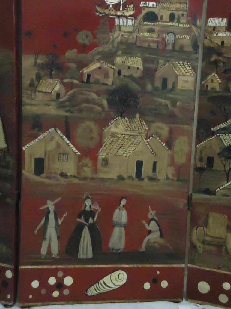 Metà XX secolo Salvador Corona Schermo da pavimento pieghevole a 4 pannelli di  Patzcuaro, Acapulco 1938 circa in vendita