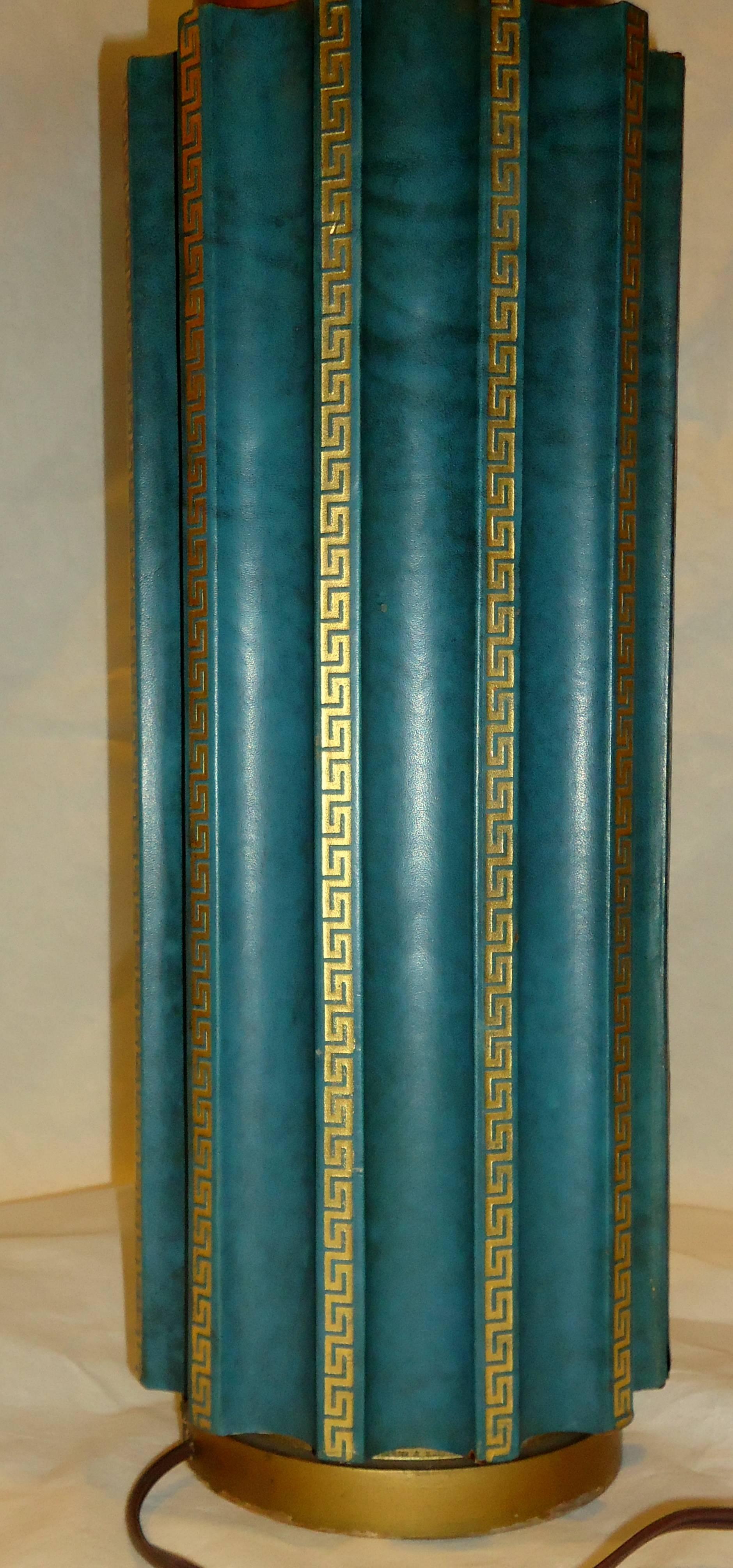 Teal Green Fluted Leather Cased Table Lamp in the Style of Tommi Parzinger 1950s In Good Condition For Sale In Camden, ME