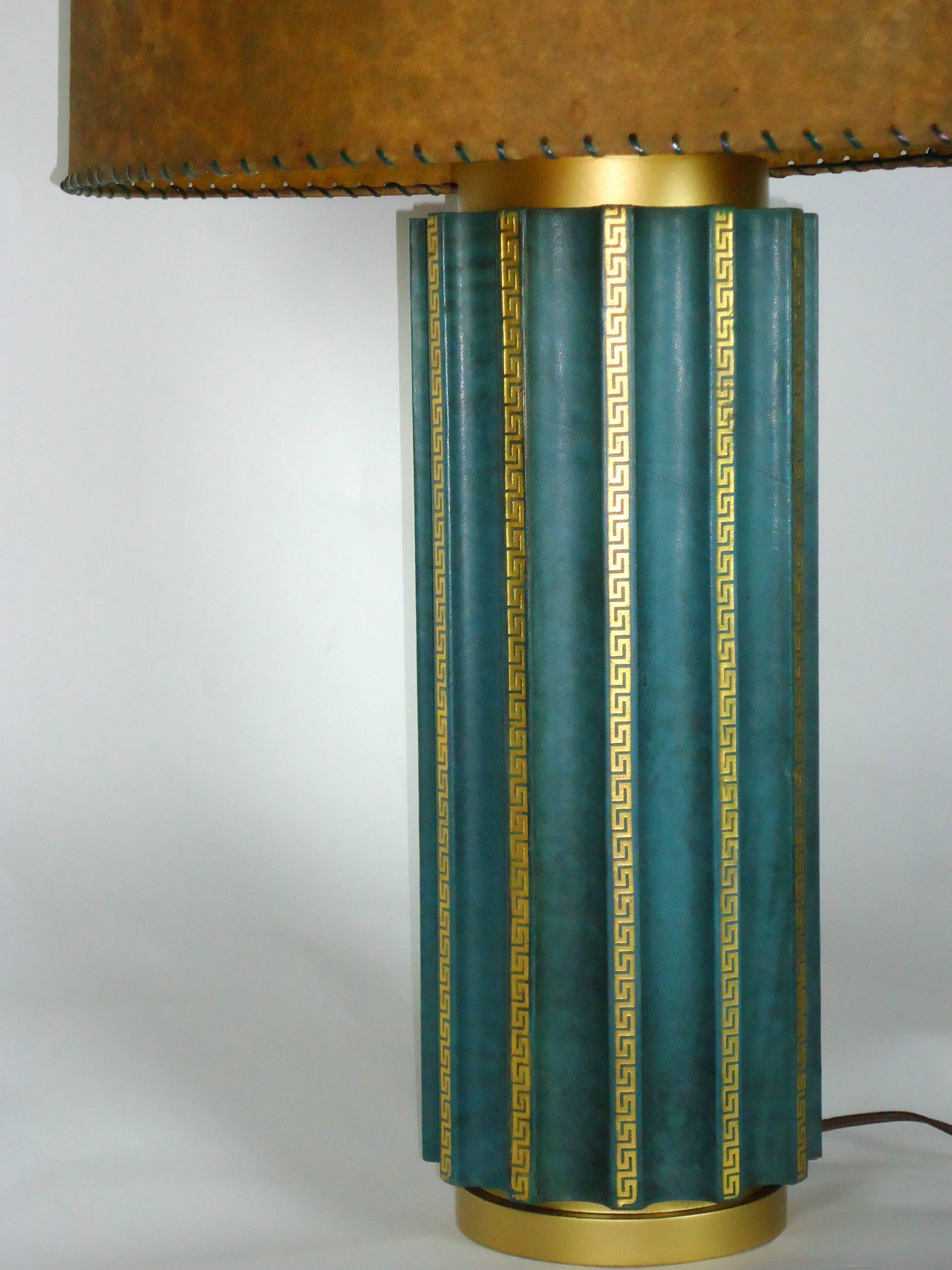 Mid-20th Century Teal Green Fluted Leather Cased Table Lamp in the Style of Tommi Parzinger 1950s For Sale
