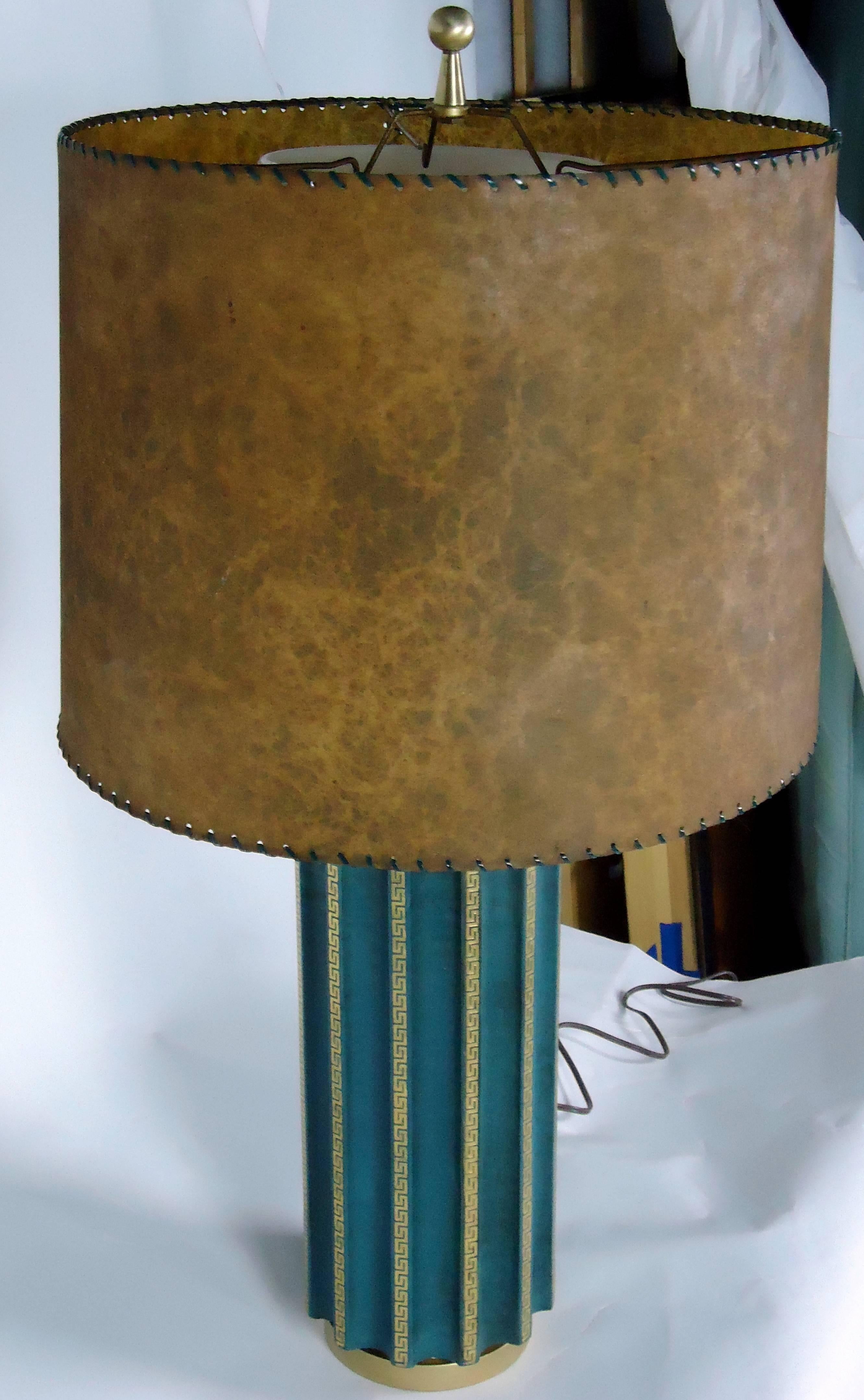 Neoclassical Teal Green Fluted Leather Cased Table Lamp in the Style of Tommi Parzinger 1950s For Sale