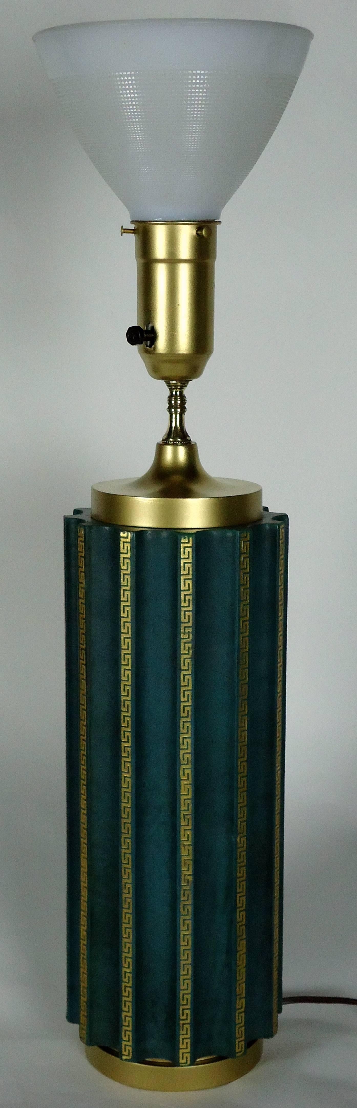 American Teal Green Fluted Leather Cased Table Lamp in the Style of Tommi Parzinger 1950s For Sale