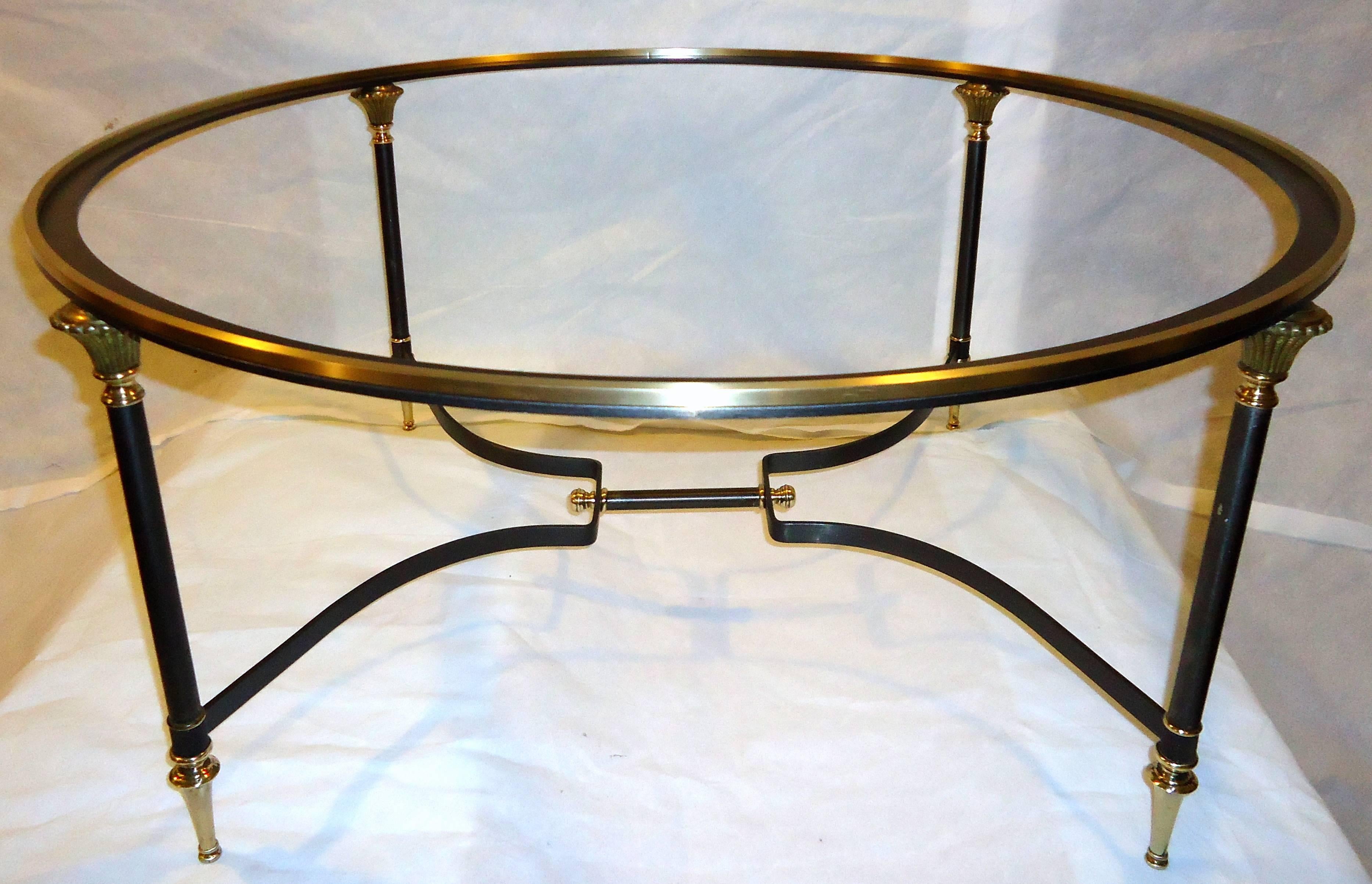 Neoclassical Coffee Table Italian Glass Insert Bronze and Brushed Steel  1950s In Good Condition In Camden, ME