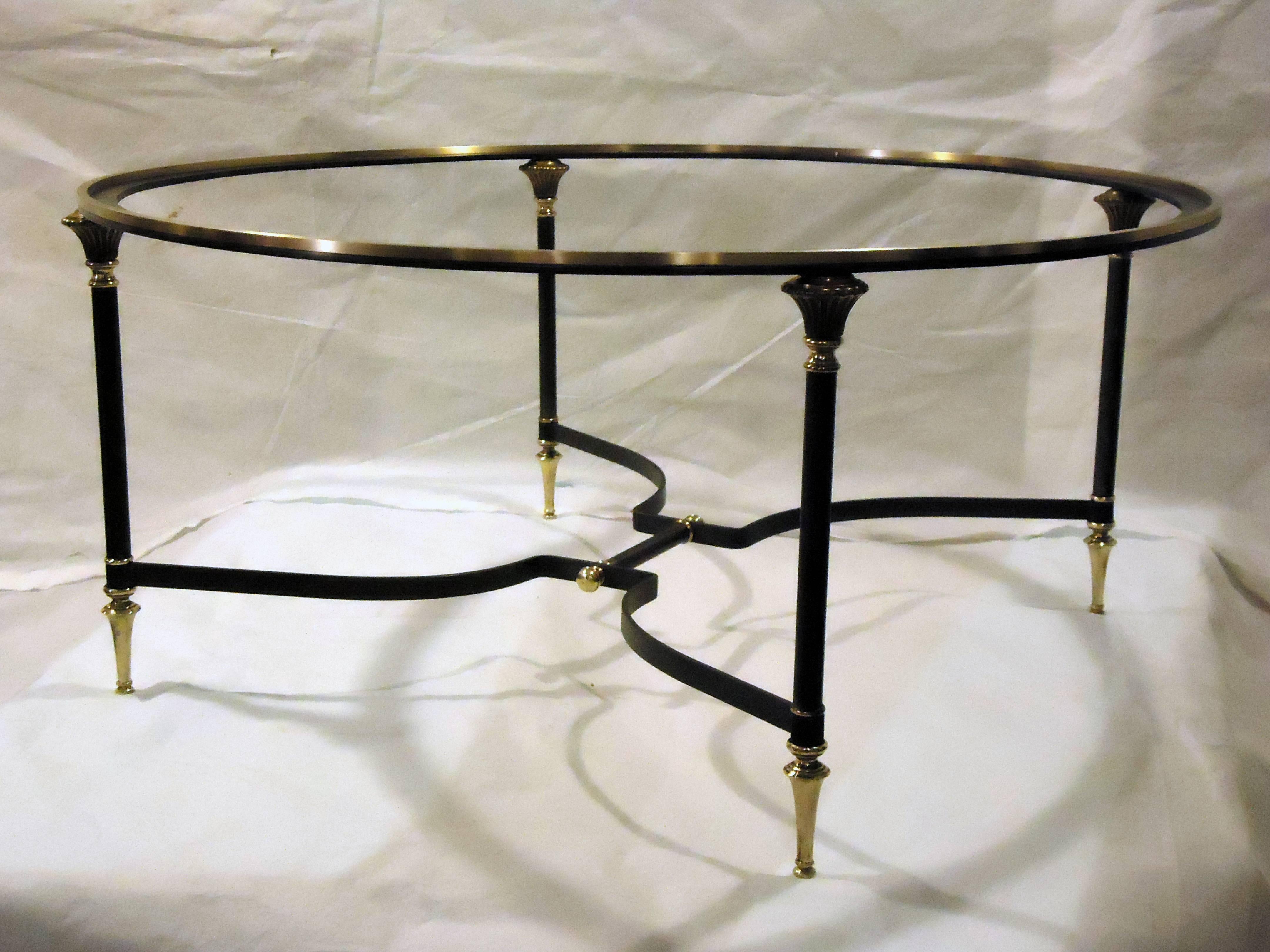 Brass Neoclassical Coffee Table Italian Glass Insert Bronze and Brushed Steel  1950s