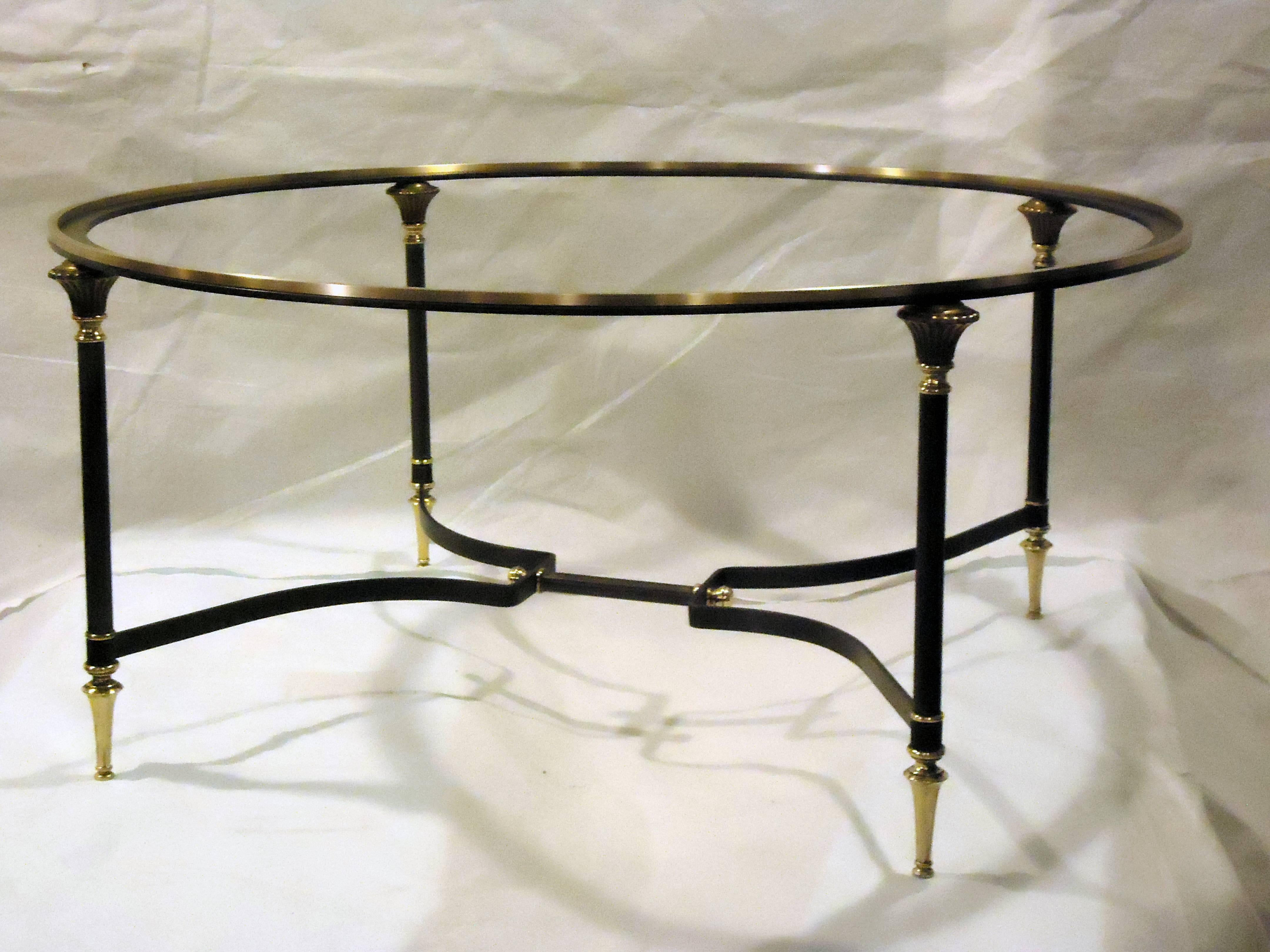 Mid-Century Modern Neoclassical Coffee Table Italian Glass Insert Bronze and Brushed Steel  1950s