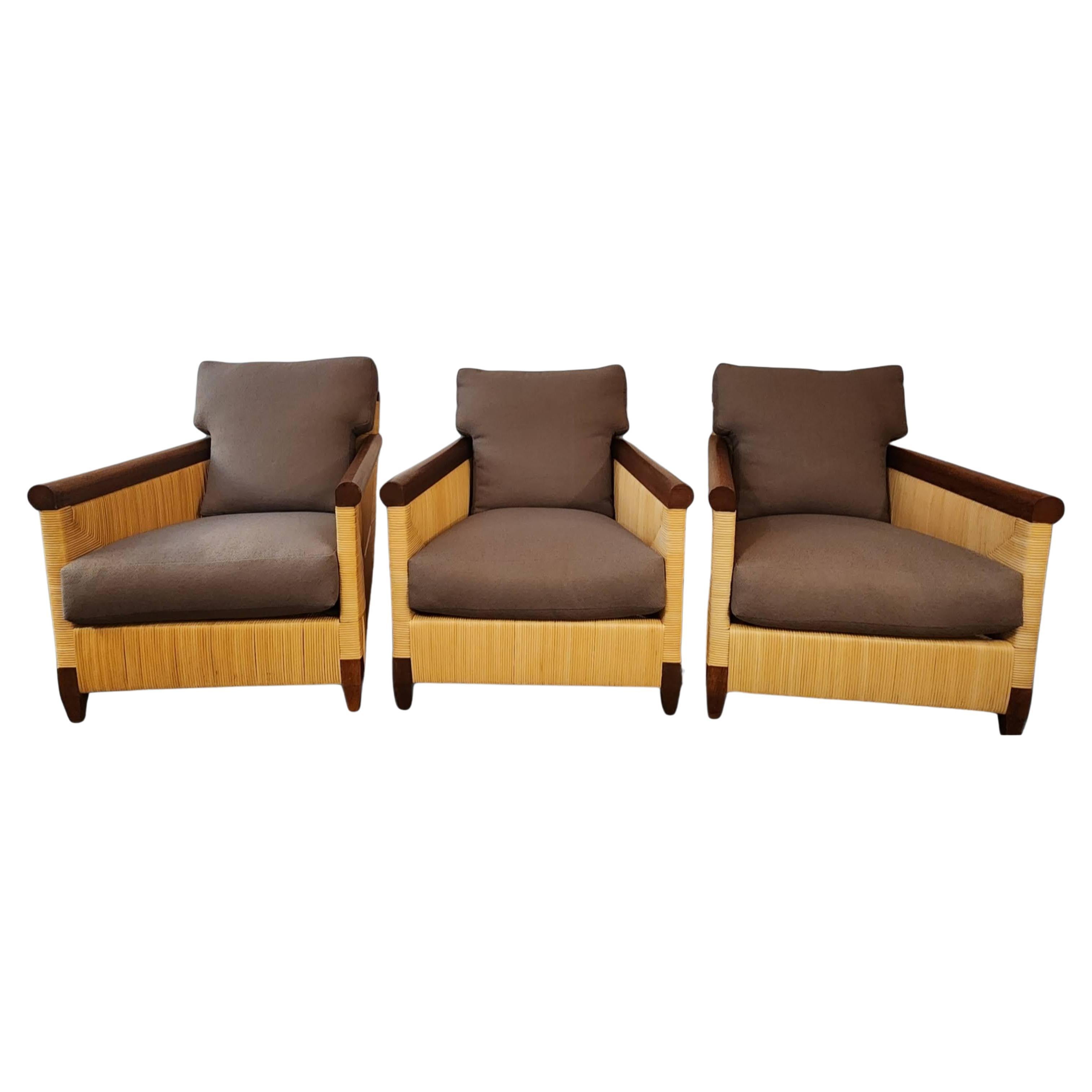 Three John Hutton Rush Rattan Lounge Chairs Merbau Coastal Line Donghia 1995