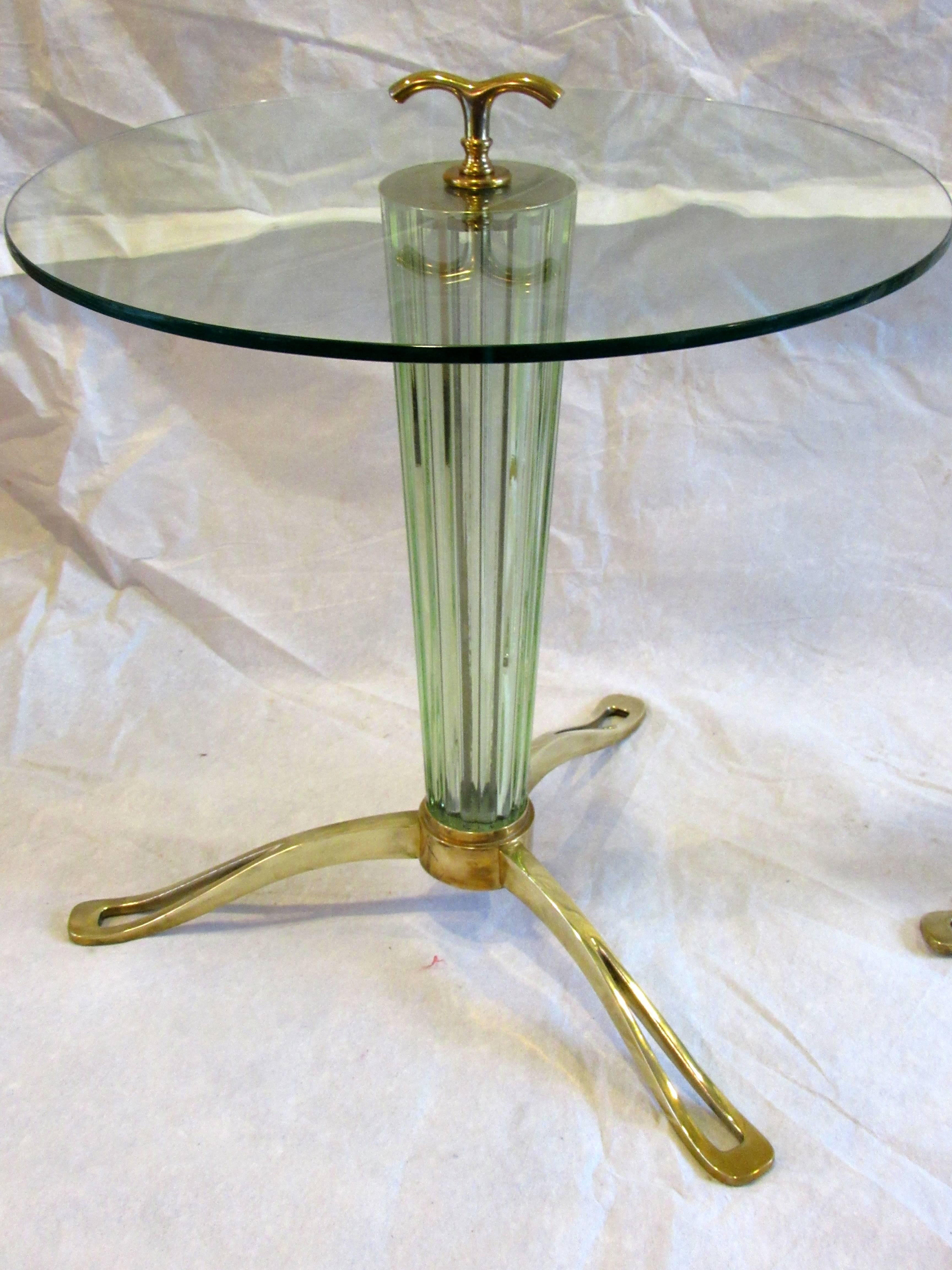 Mid-Century Modern Pair of Fluted Murano Glass on Pierced Brass Tripod Based Side Tables circa 1958