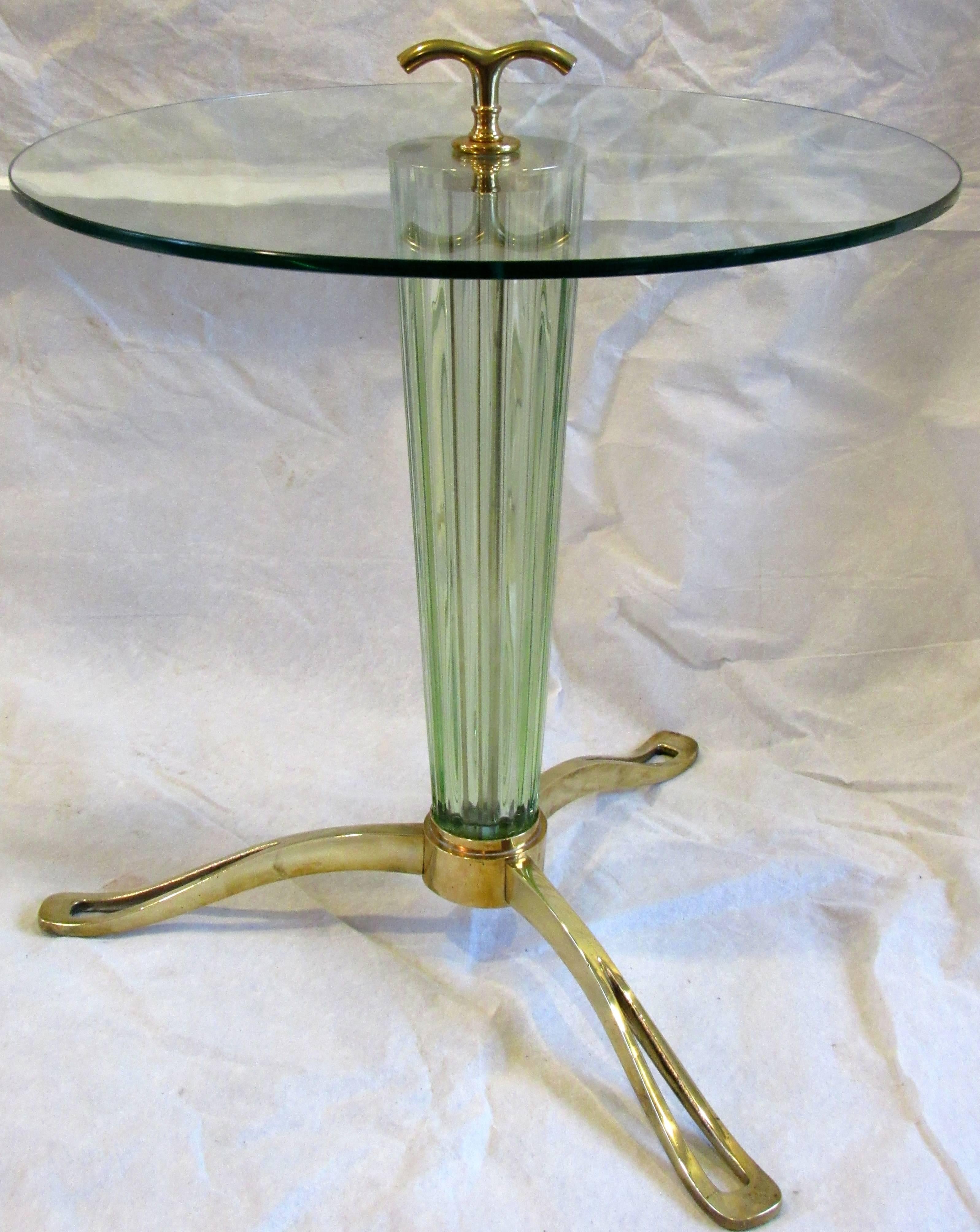 Italian Pair of Fluted Murano Glass on Pierced Brass Tripod Based Side Tables circa 1958