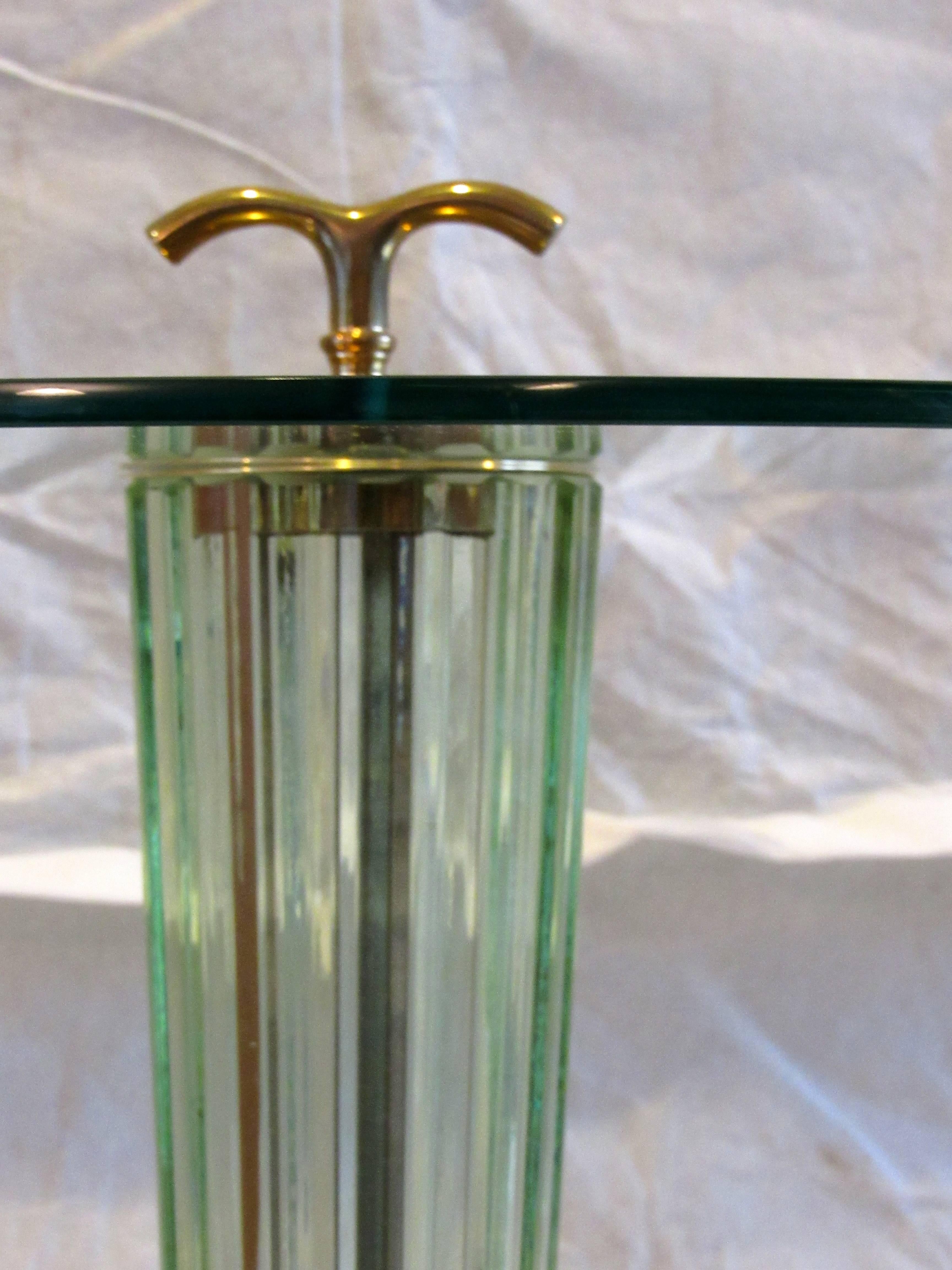 Pair of Fluted Murano Glass on Pierced Brass Tripod Based Side Tables circa 1958 In Excellent Condition In Camden, ME