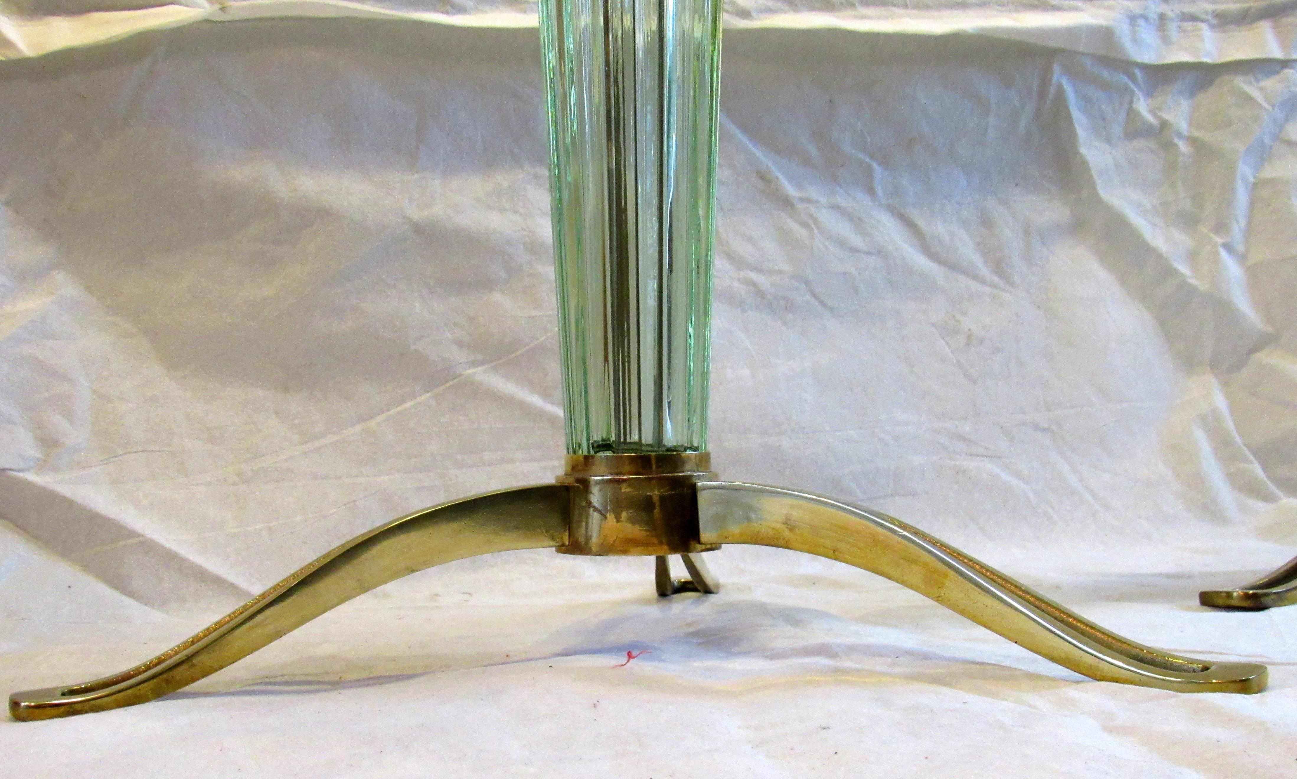 Pair of Fluted Murano Glass on Pierced Brass Tripod Based Side Tables circa 1958 1
