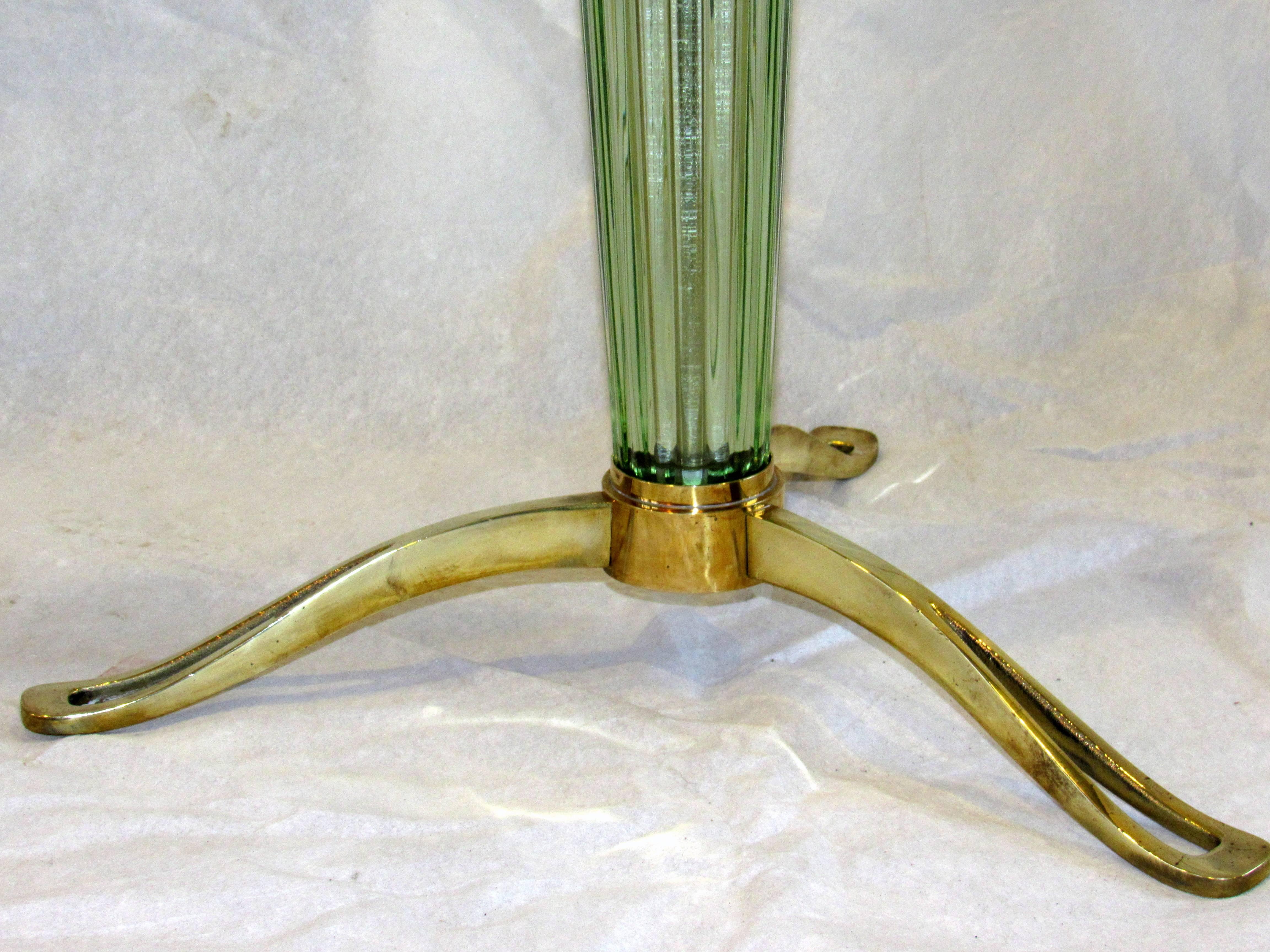 Pair of Fluted Murano Glass on Pierced Brass Tripod Based Side Tables circa 1958 2
