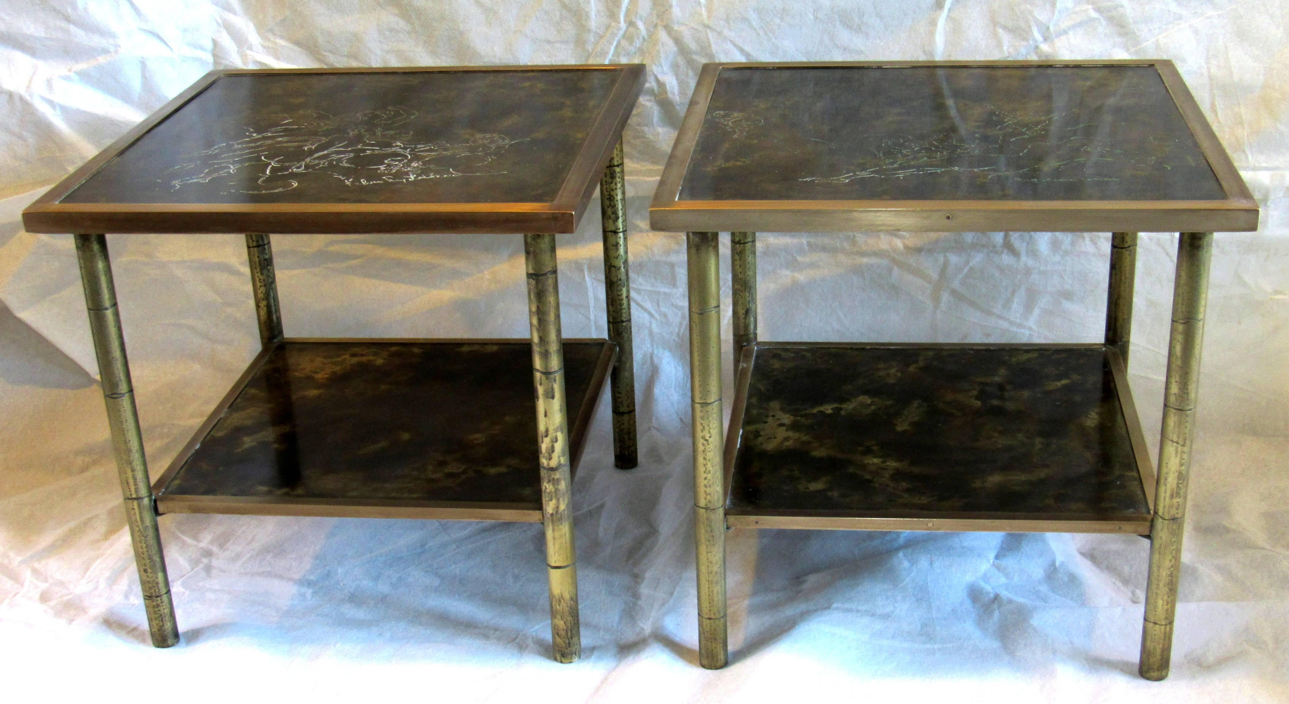 Rare Etched Brass Kelvin & Philip LaVerne Two-Tier End Tables 