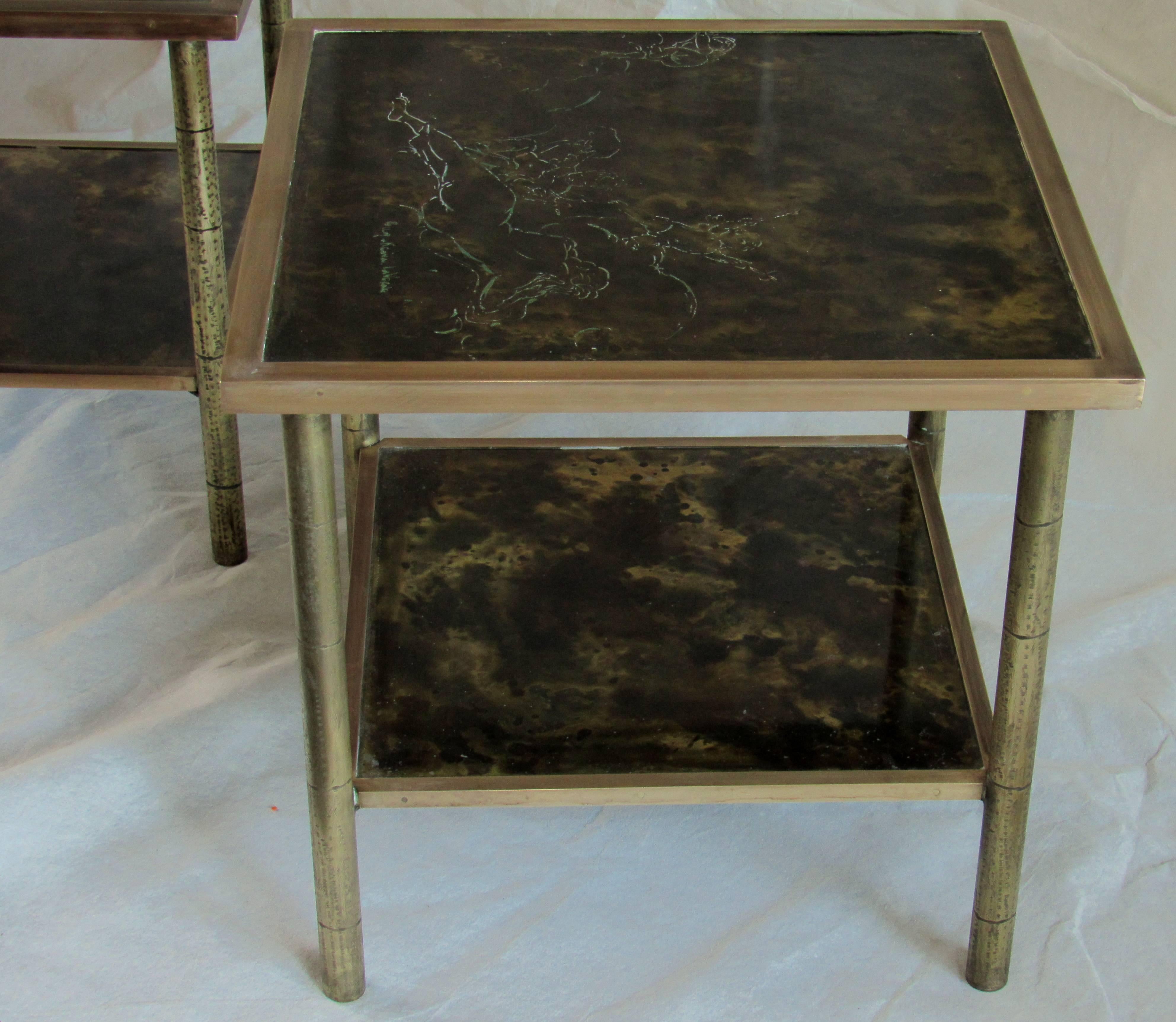 Late 20th Century Rare Etched Brass Kelvin & Philip LaVerne Two-Tier End Tables 