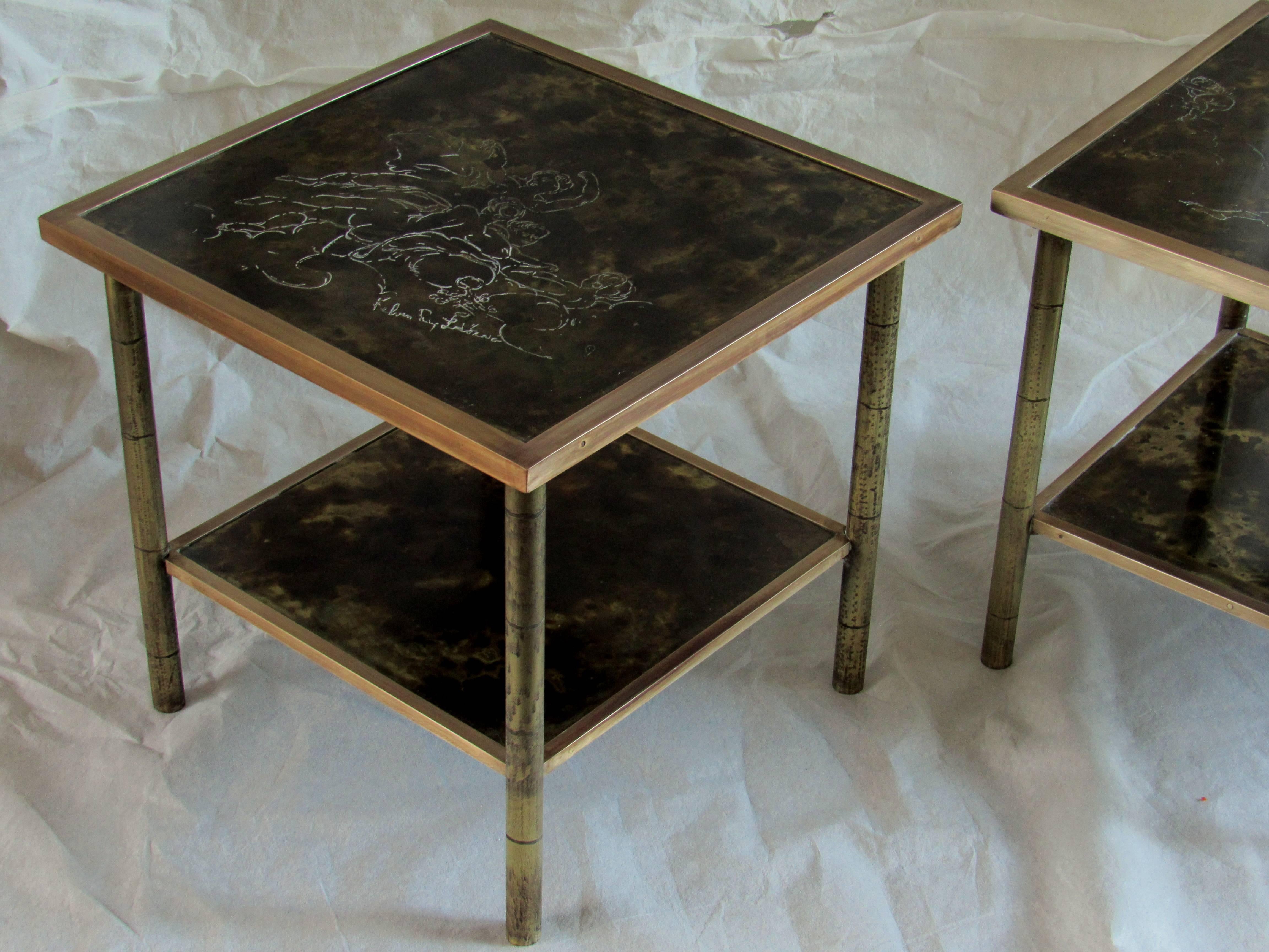 Rare Etched Brass Kelvin & Philip LaVerne Two-Tier End Tables 
