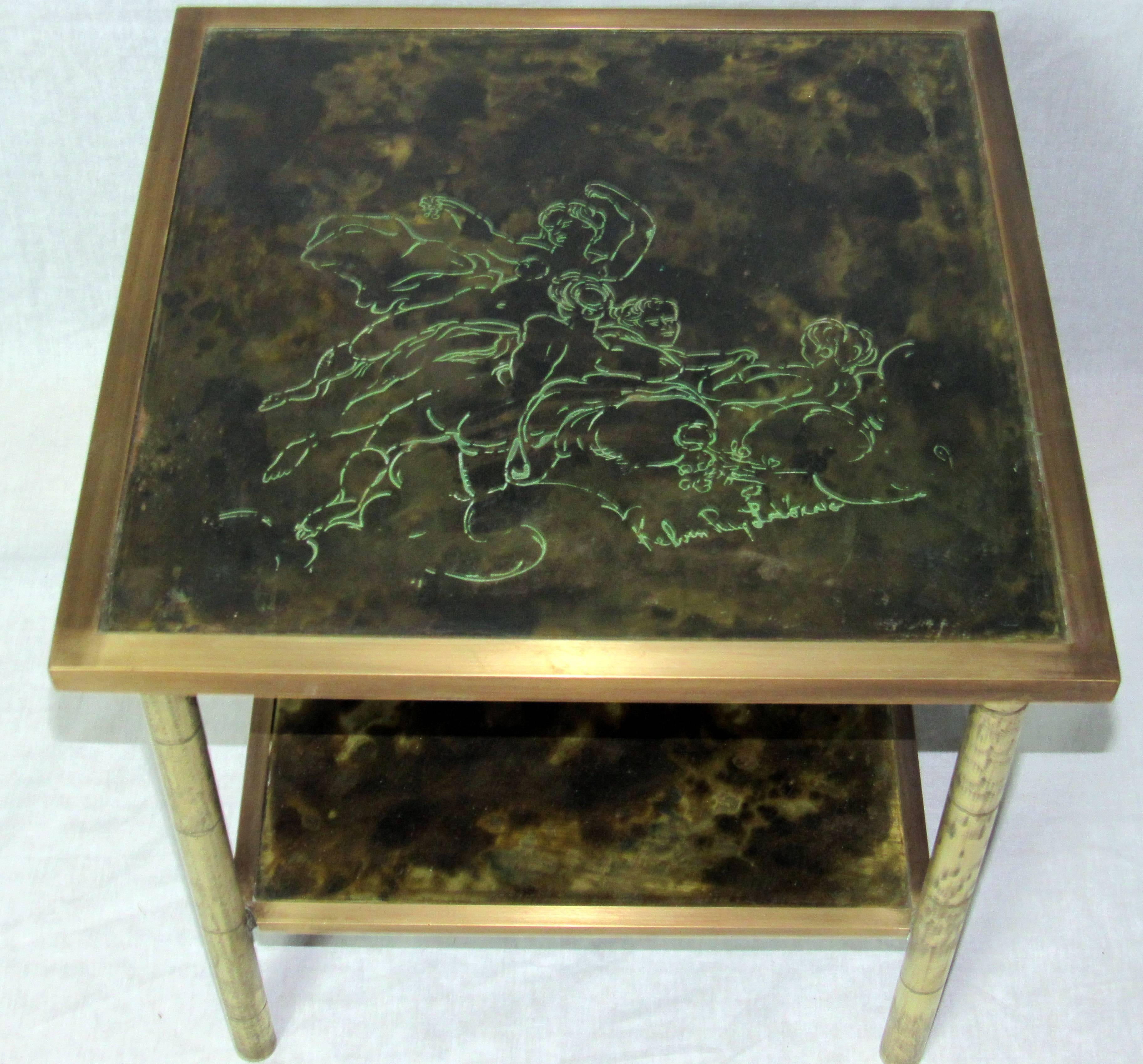 Mid-Century Modern Rare Etched Brass Kelvin & Philip LaVerne Two-Tier End Tables 