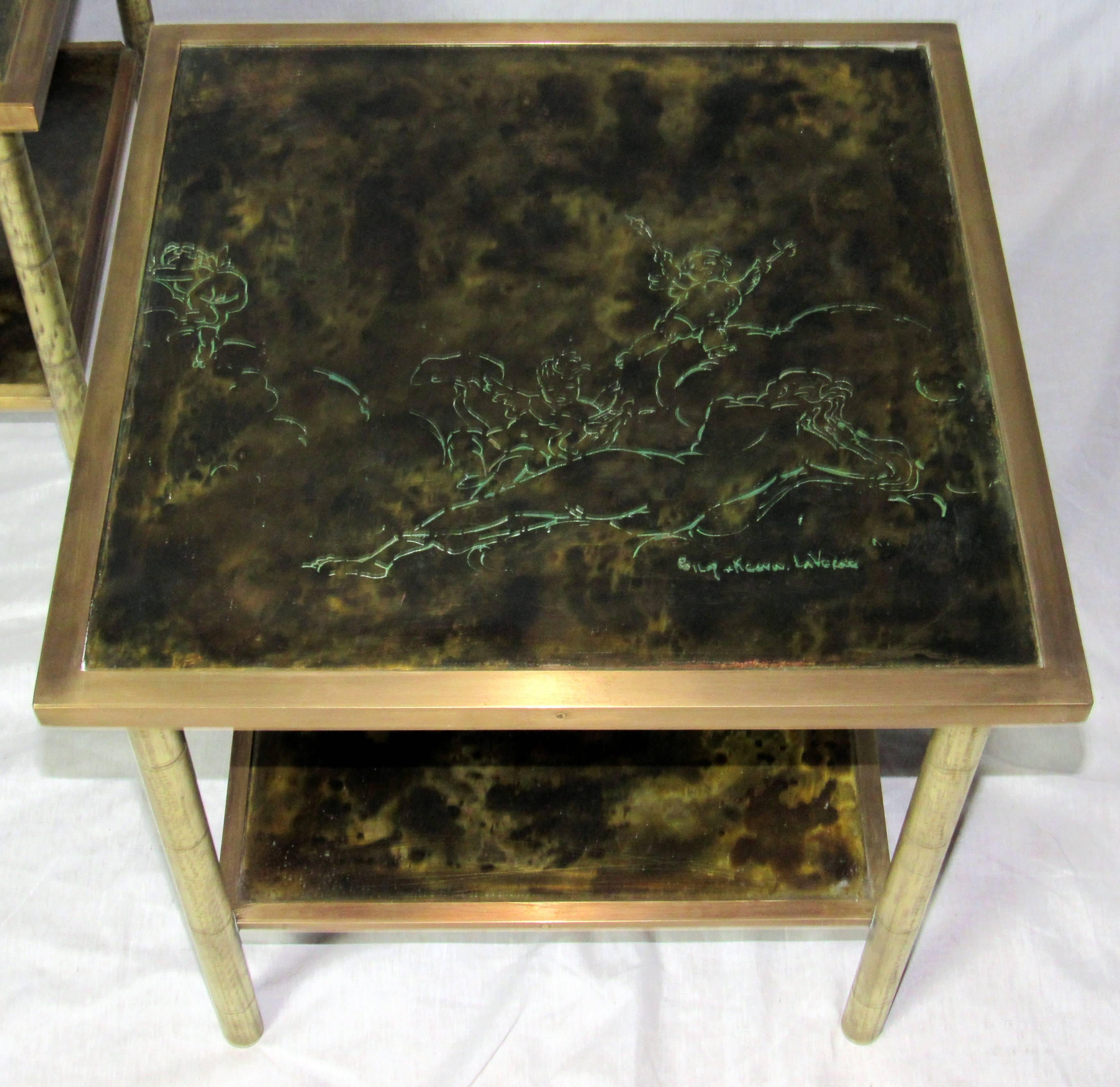 American Rare Etched Brass Kelvin & Philip LaVerne Two-Tier End Tables 